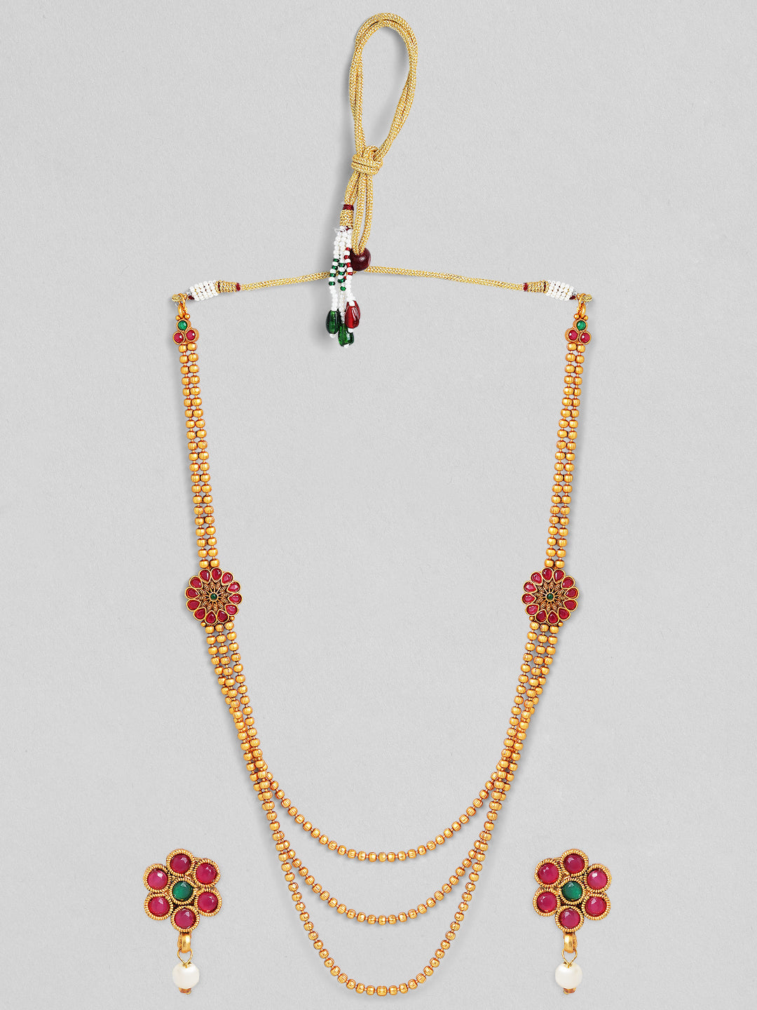 Wentra Traditional 18K Gold Plated Layered Necklace Set With Ruby Stoned Earrings