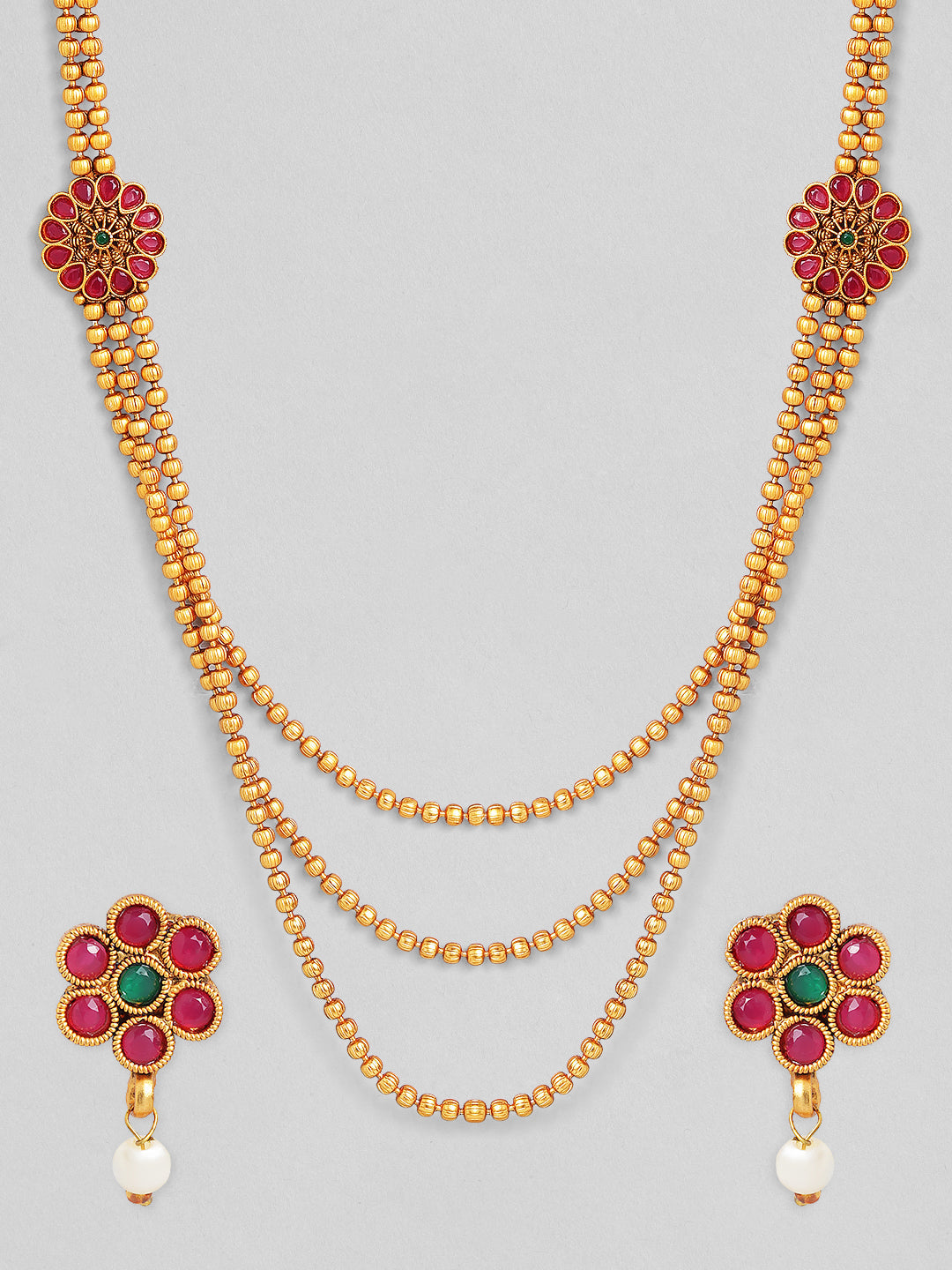 Wentra Traditional 18K Gold Plated Layered Necklace Set With Ruby Stoned Earrings