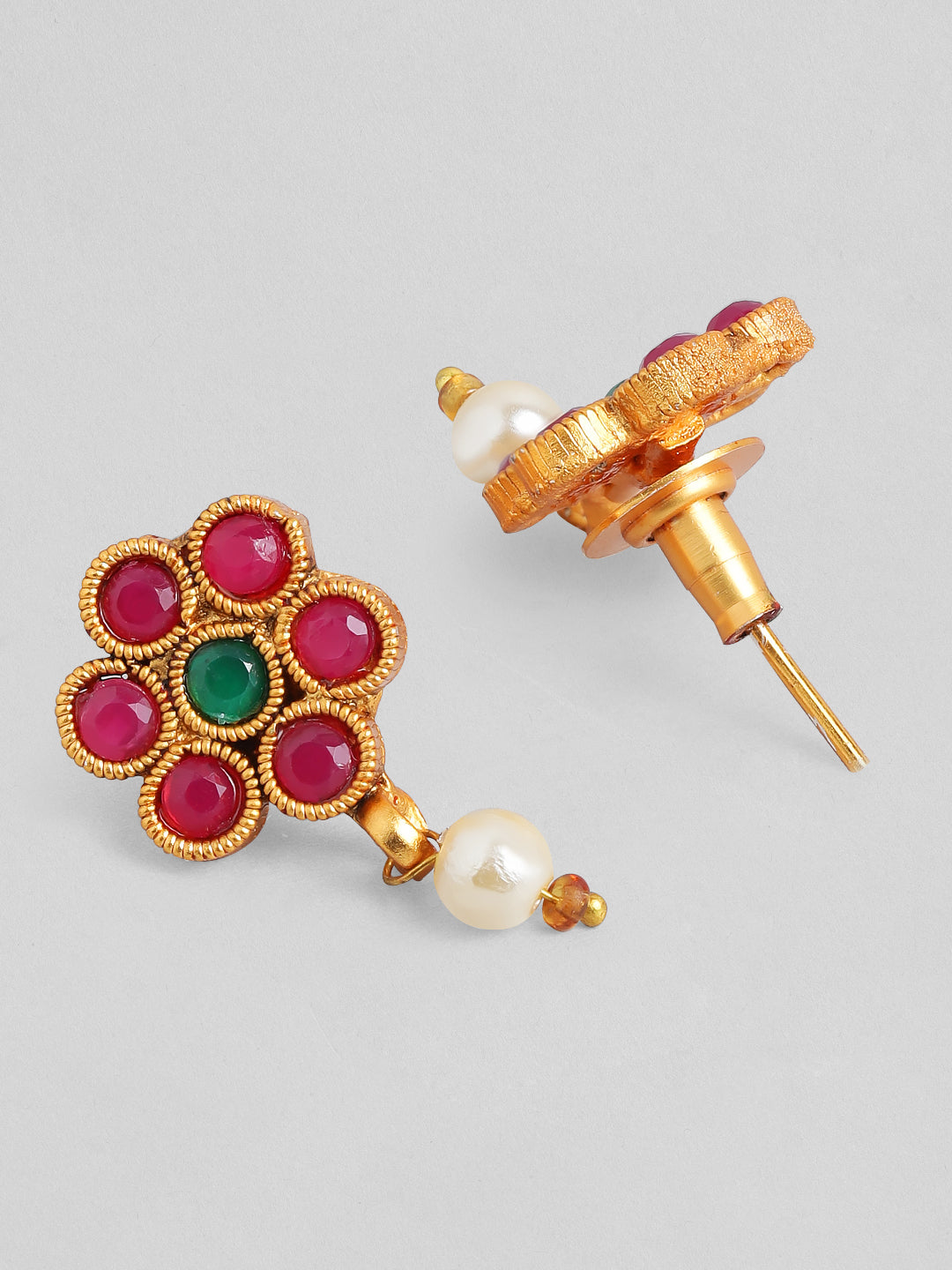 Wentra Traditional 18K Gold Plated Layered Necklace Set With Ruby Stoned Earrings