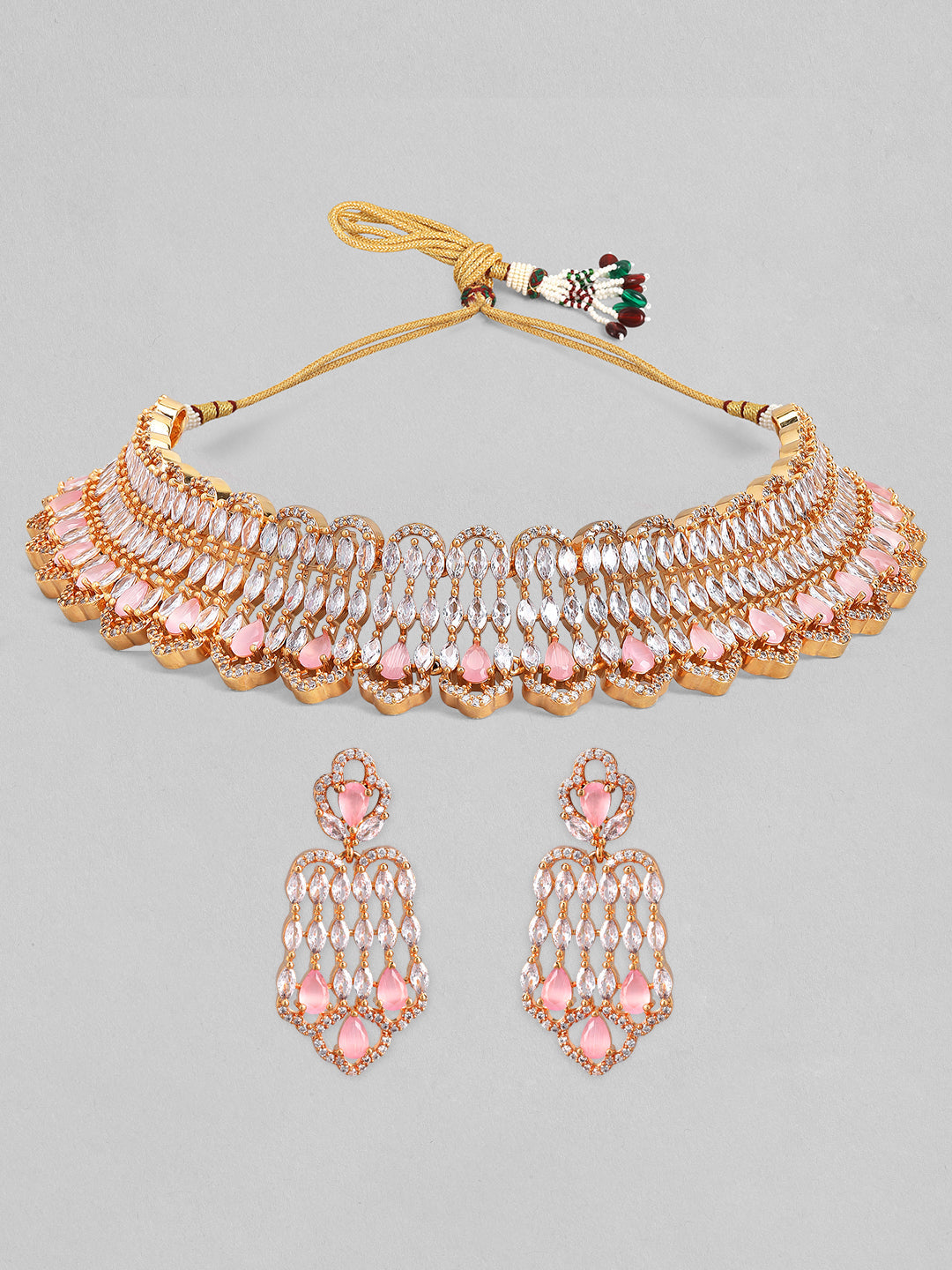 Pink Teardrop American Diamond Zirconia Necklace Set