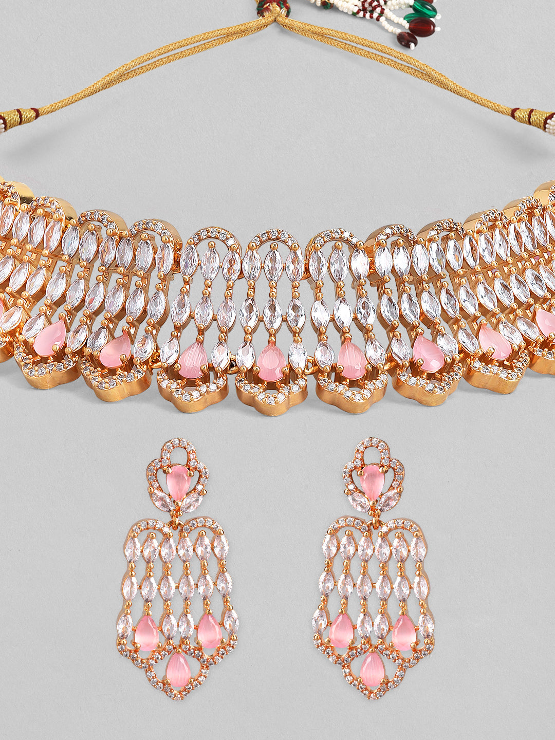 Pink Teardrop American Diamond Zirconia Necklace Set