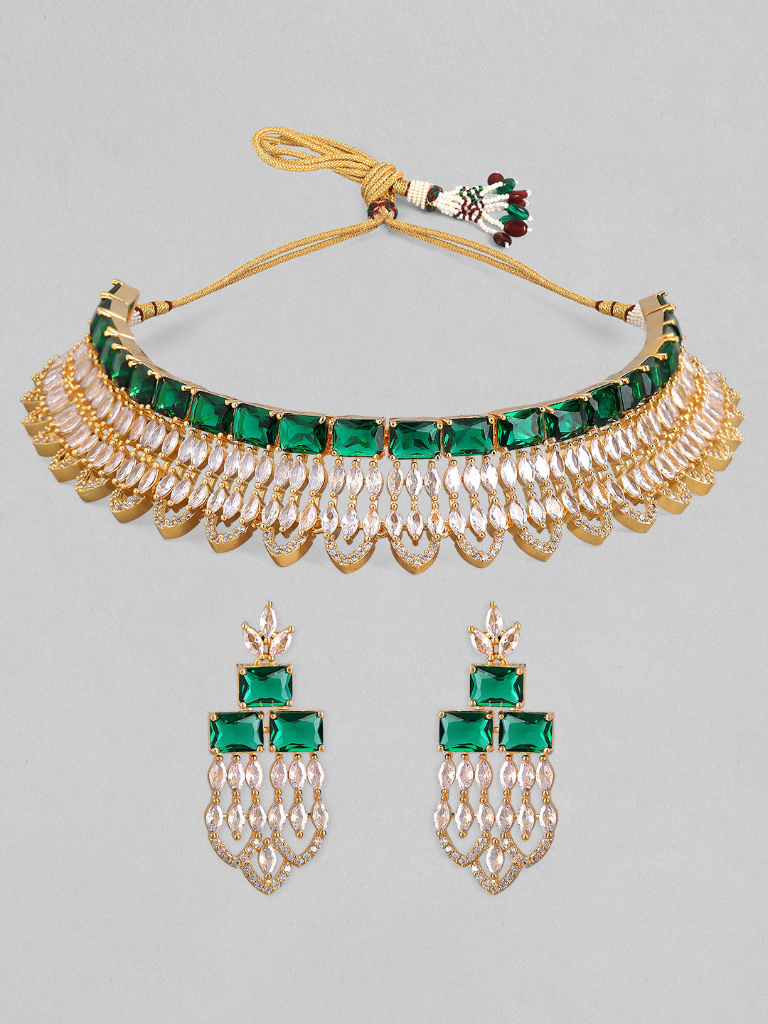 Wentra Gold Plated Green & White Stone Studded American Diamond Necklace Set.