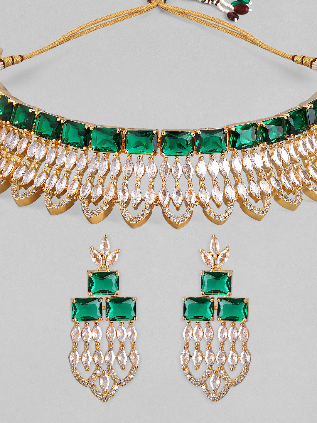 Wentra Gold Plated Green & White Stone Studded American Diamond Necklace Set.