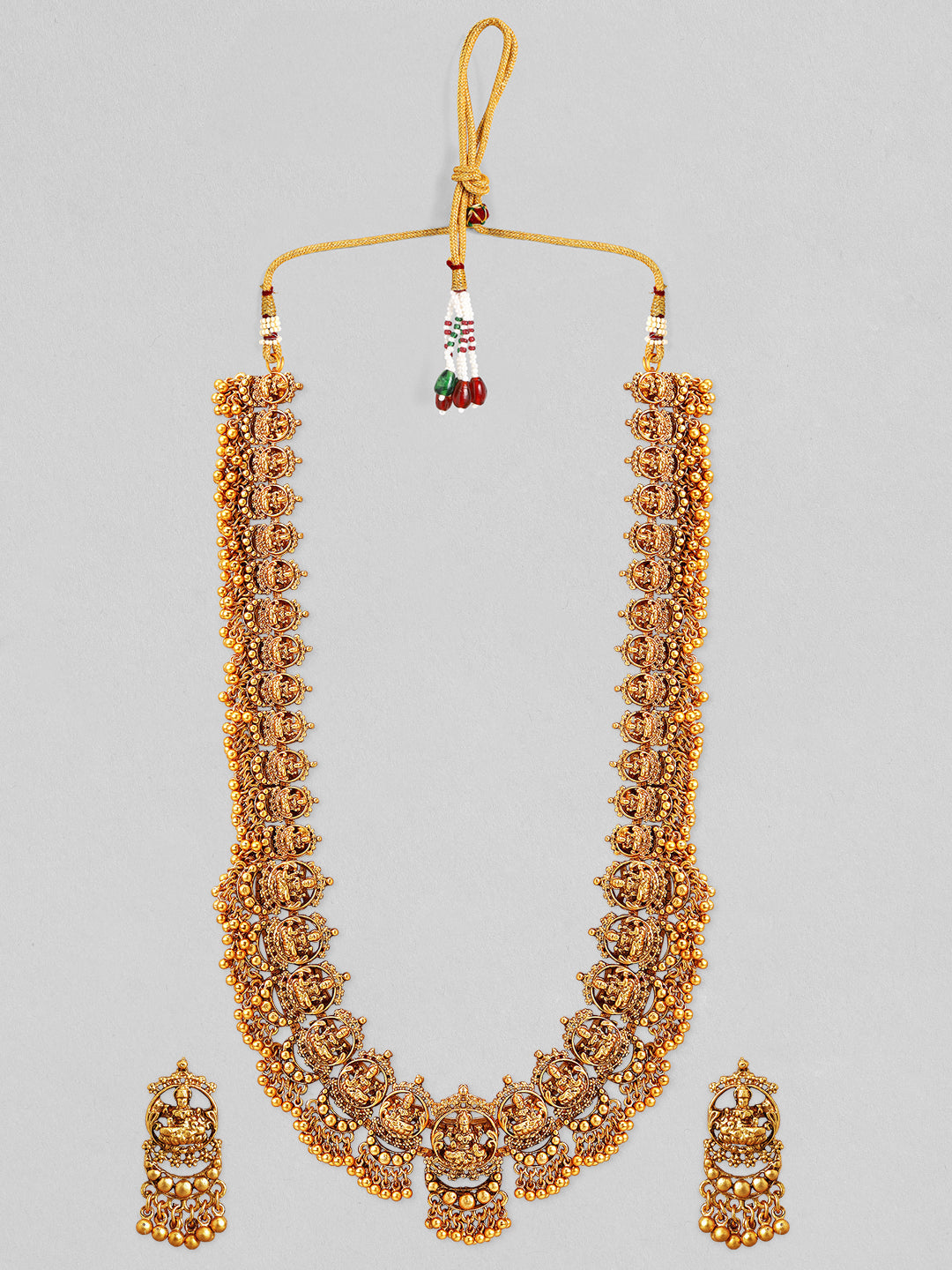 Wentra 22K Gold-Plated Divine Lakshmi Motif Temple Jewellery Set with Gold Bead Accents