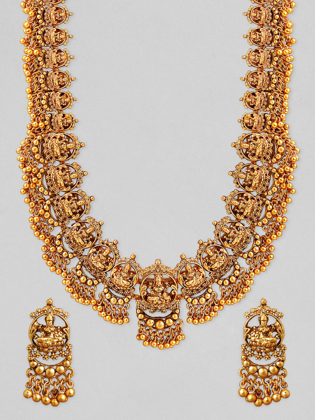 Wentra 22K Gold-Plated Divine Lakshmi Motif Temple Jewellery Set with Gold Bead Accents