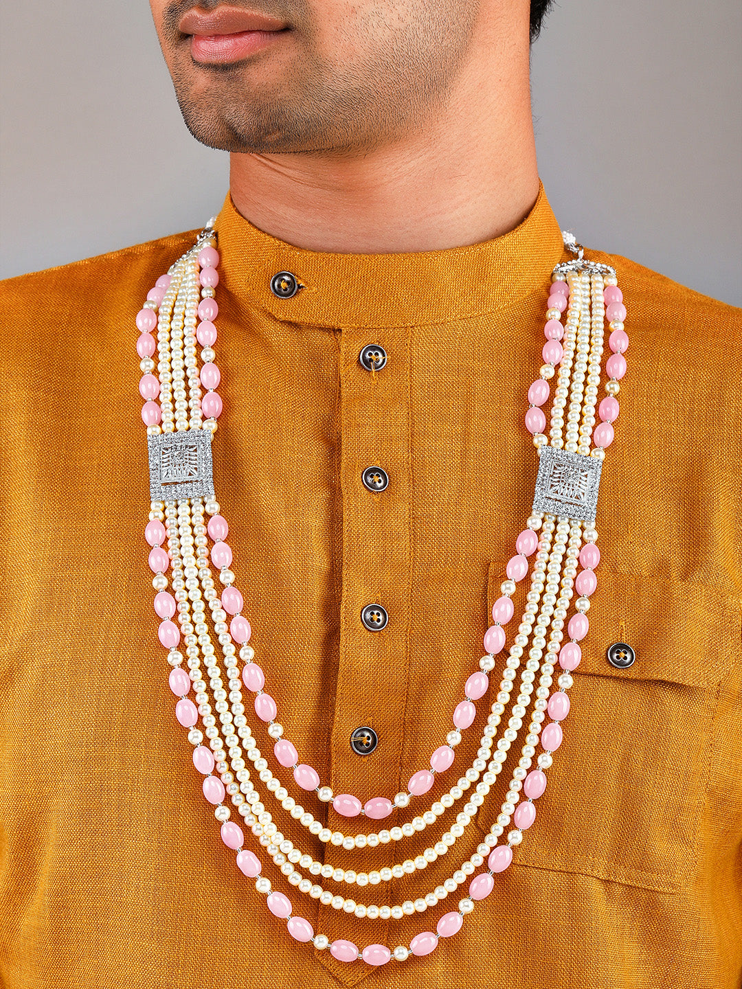 Wentra Pink & Gold Beaded Layered Mens Necklace.