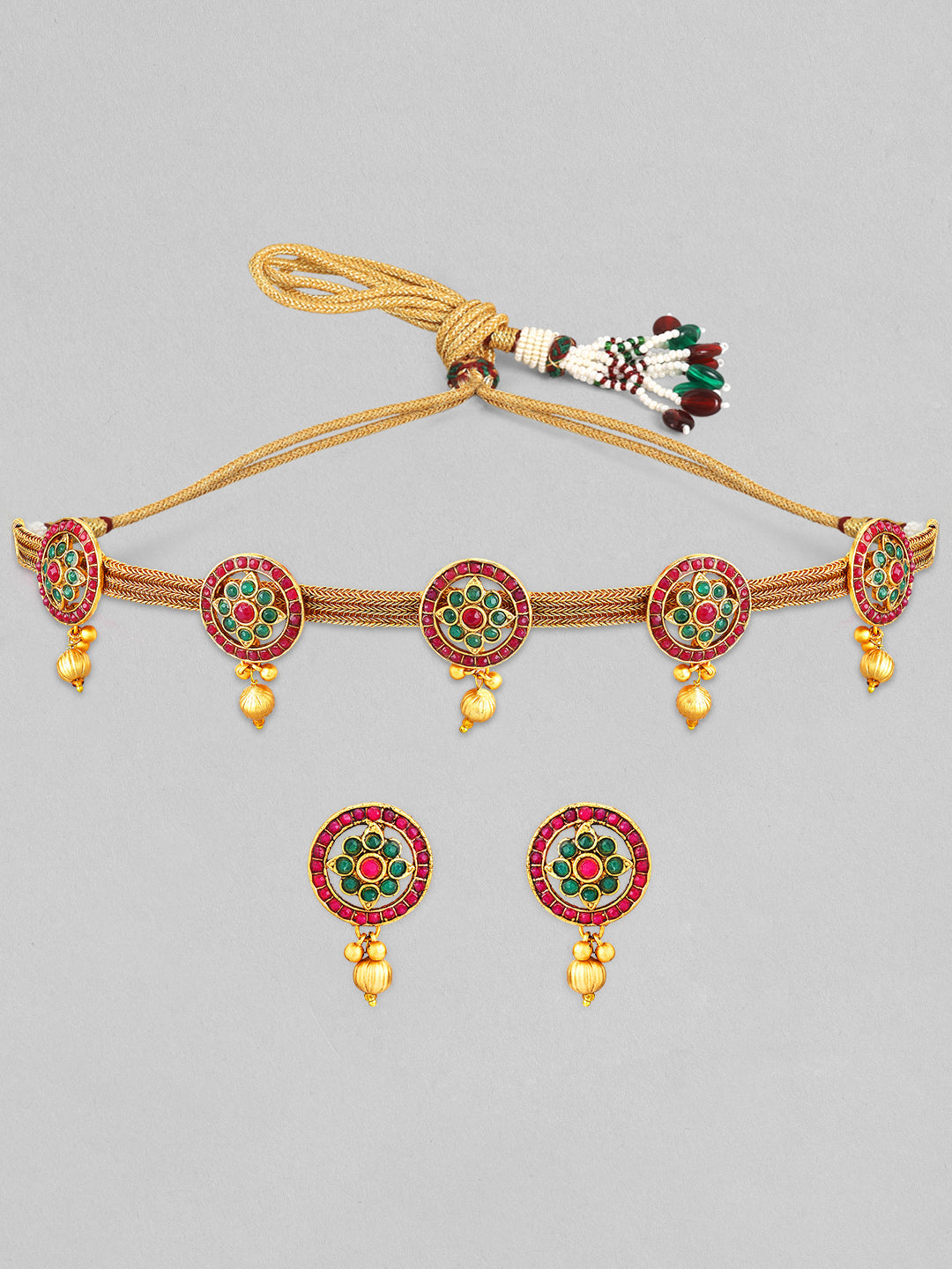 Wentra Gold Plated Handcrafted Red & Green Stone Studded Necklace Set.