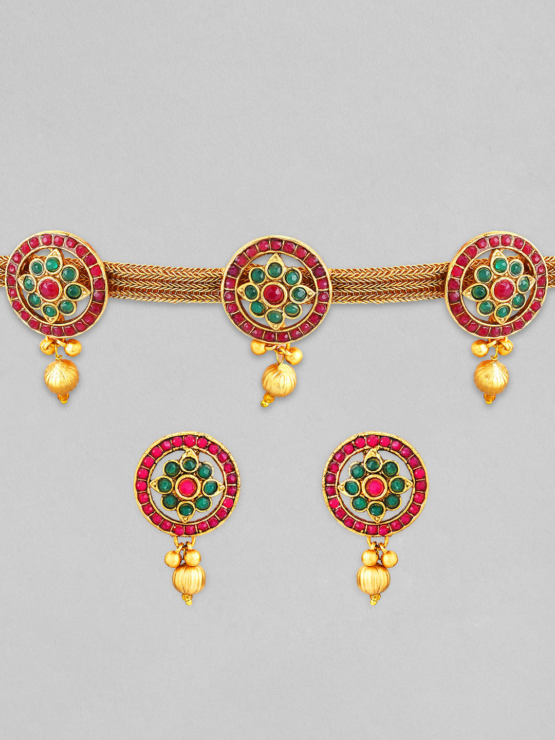 Wentra Gold Plated Handcrafted Red & Green Stone Studded Necklace Set.