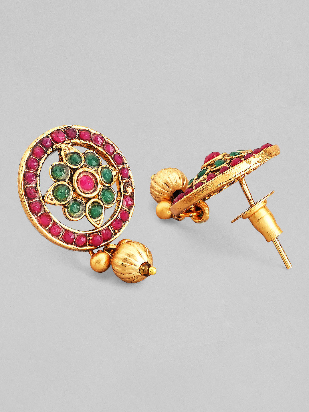 Wentra Gold Plated Handcrafted Red & Green Stone Studded Necklace Set.