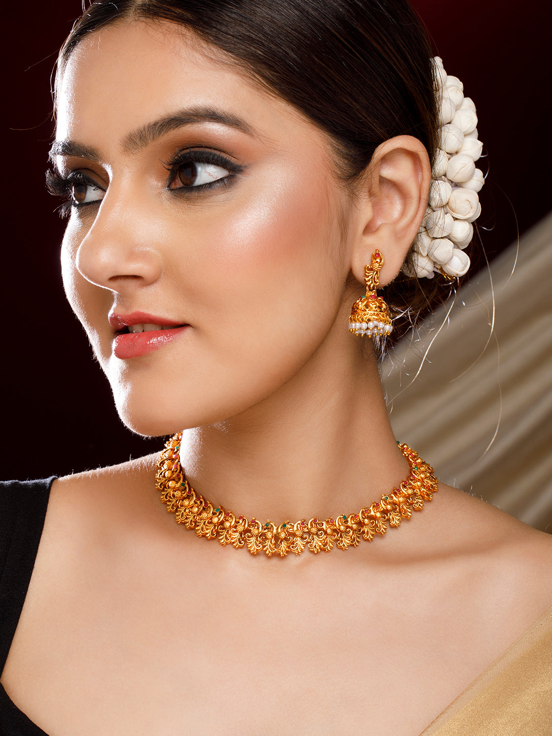 Wentra 22K Gold-Plated Ruby Red & Emerald Green Stone Studded Brass Necklace Jewellery Set