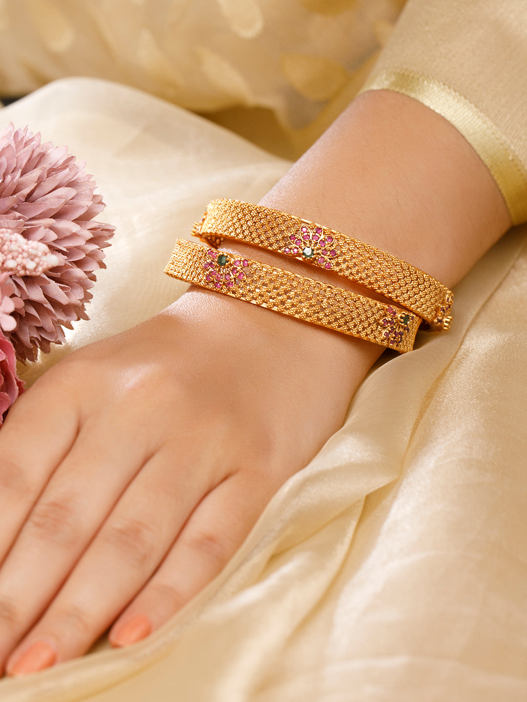 Wentra Set of 2 22K Gold Plated Ruby Pink & Emerald Green Stone Studded Bangles