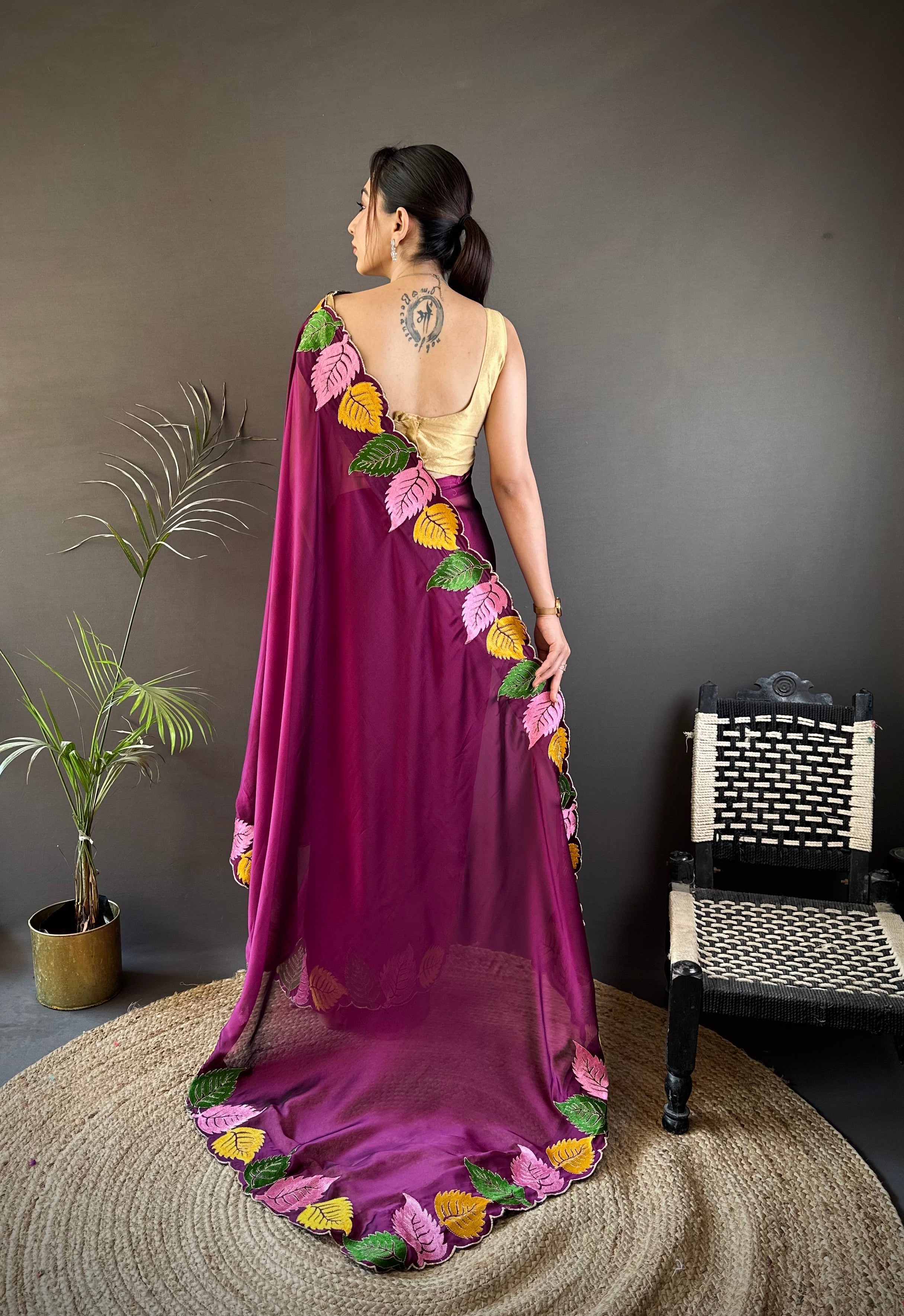 Wine Purple Georgette Saree with Multicolor Leaf Embroidery Border & Designer Pallu