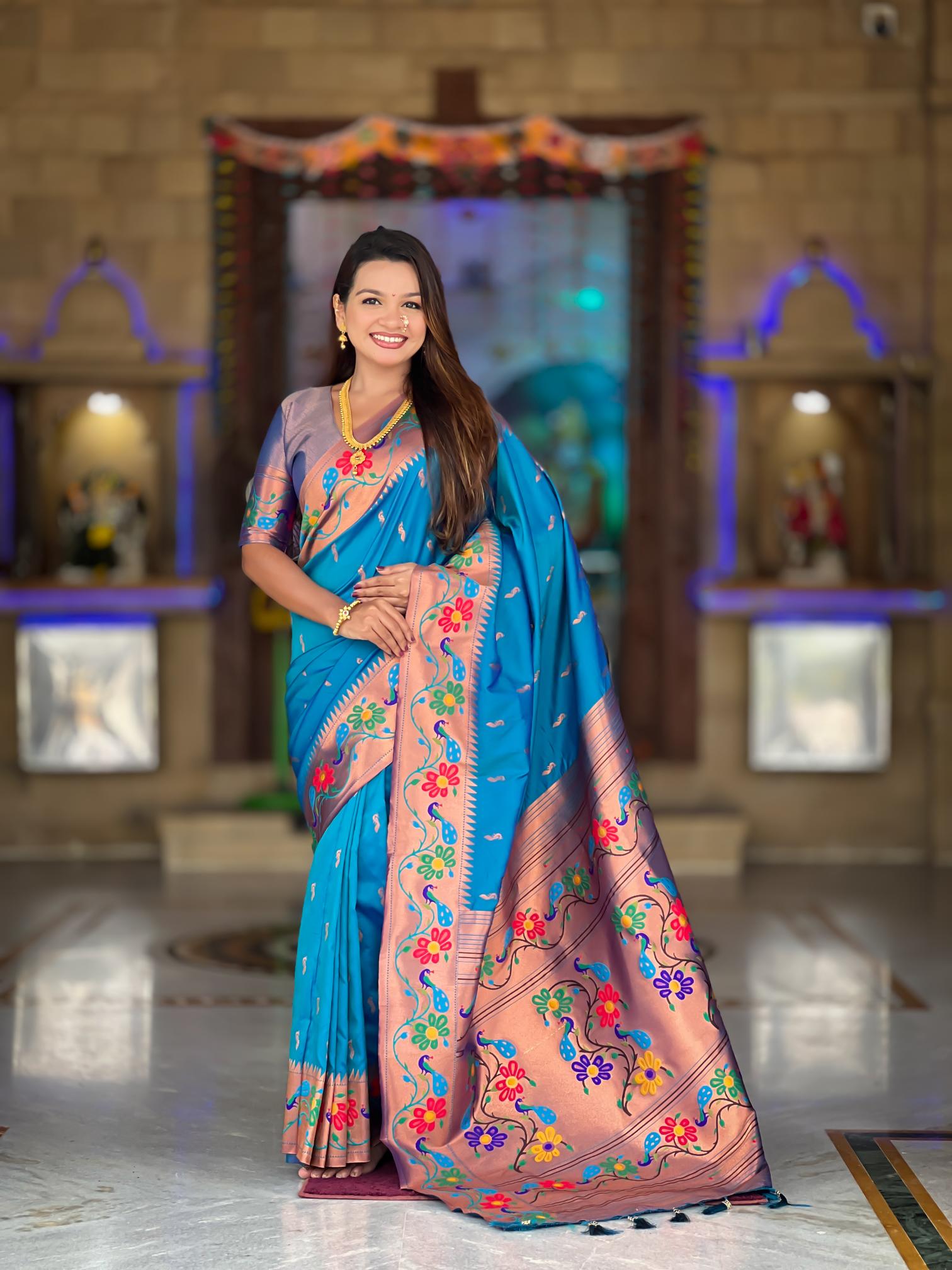 Premium Sky Blue Paithani Silk Saree for Women