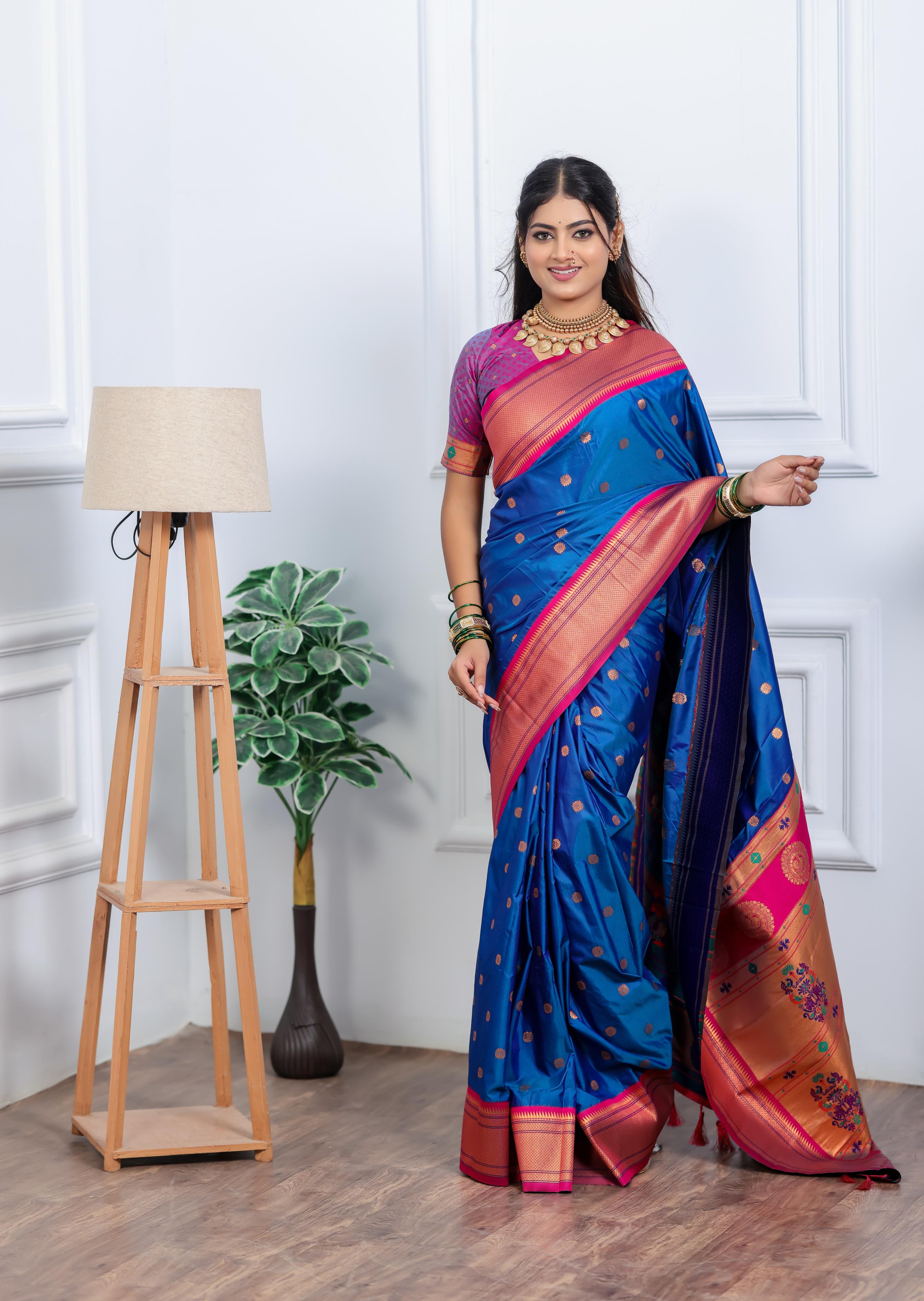 Royal Blue Paithani Silk Saree with Golden Zari Butti, Contrast Pink Border & Designer Pallu