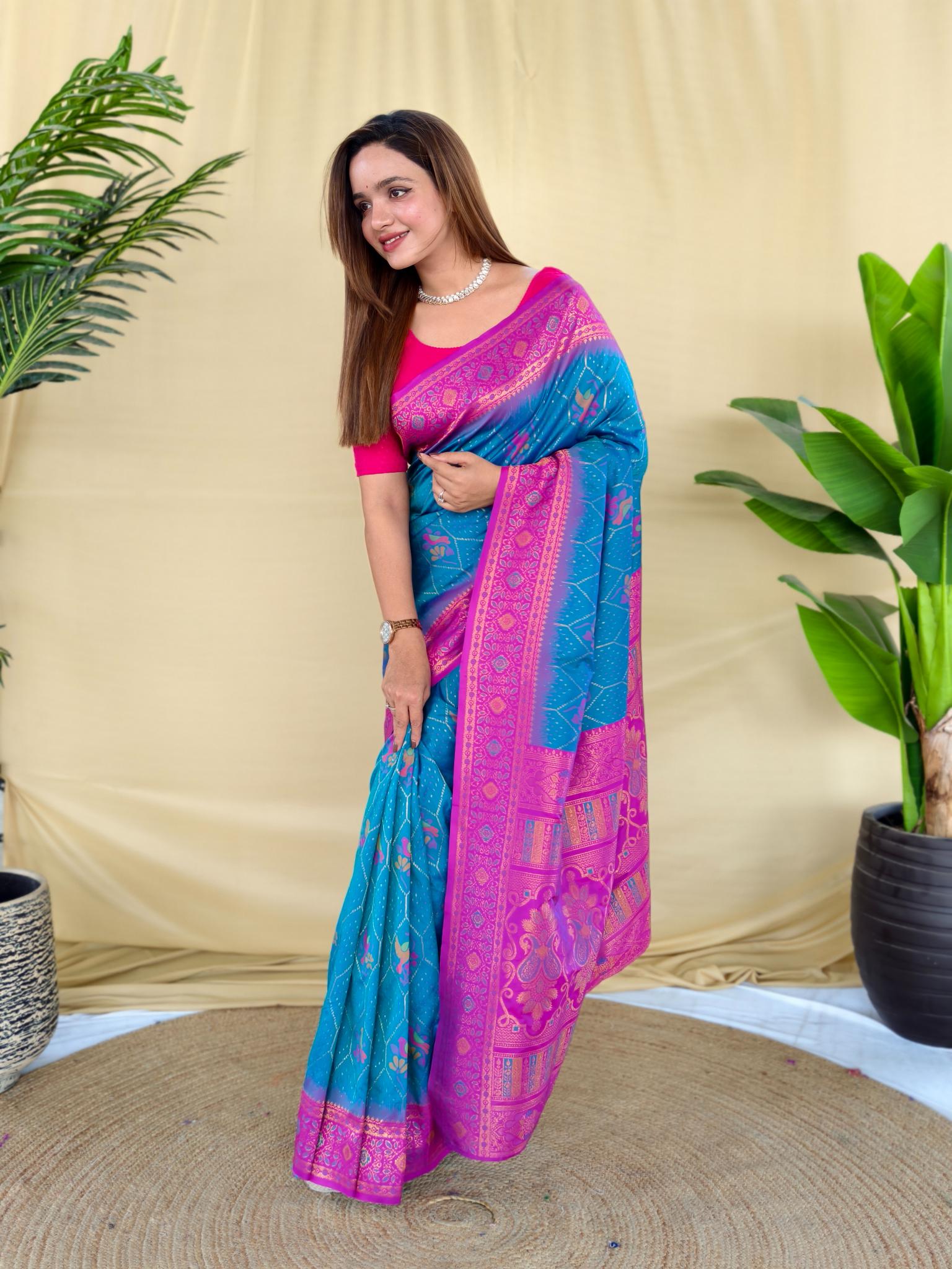 Women's Sky Blue & Pink Banarasi Silk Saree with Rich Woven Zari Border