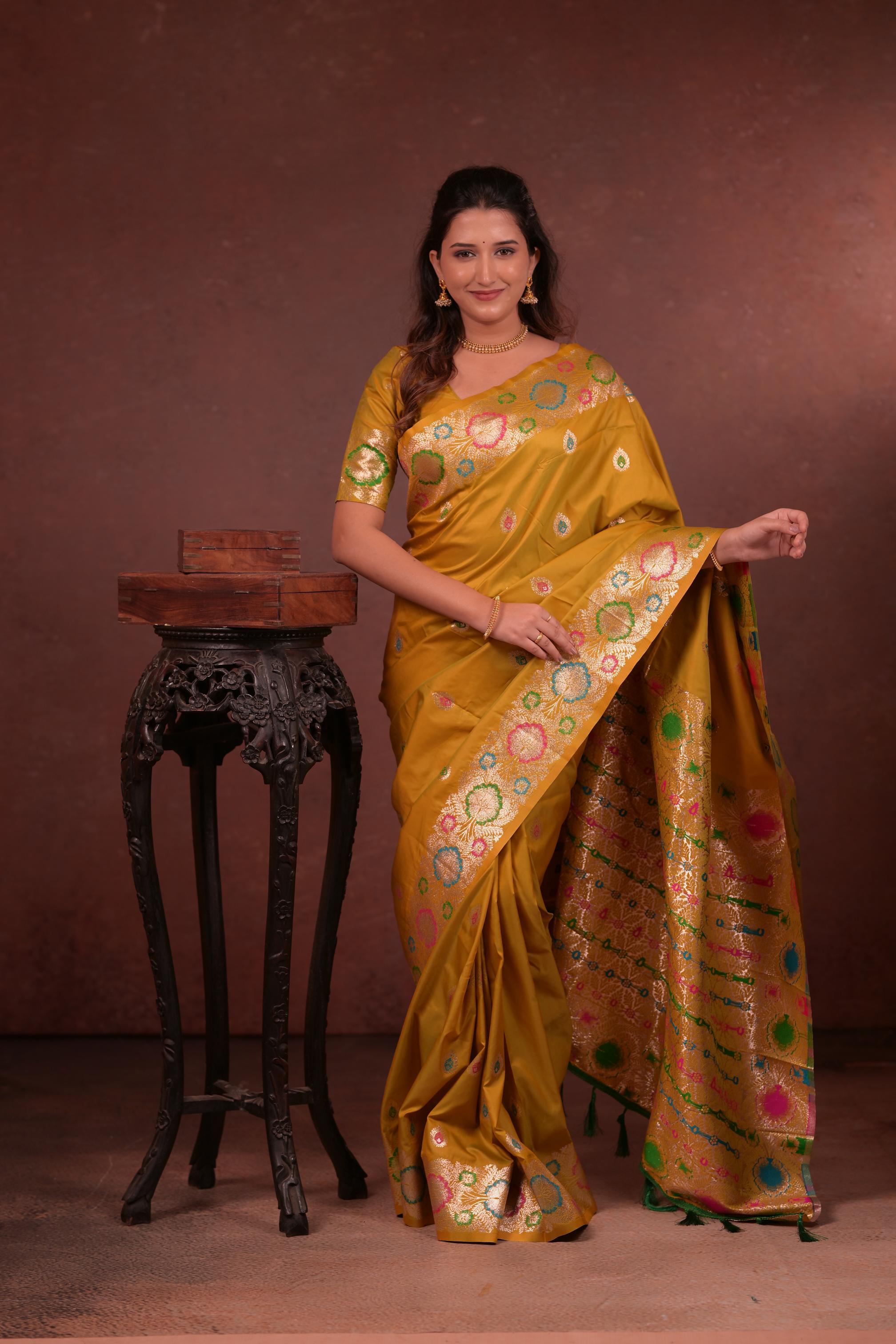 Mustard Yellow Banarasi Silk Saree with Multicolor Floral Zari Woven Border & Rich Designer Pallu