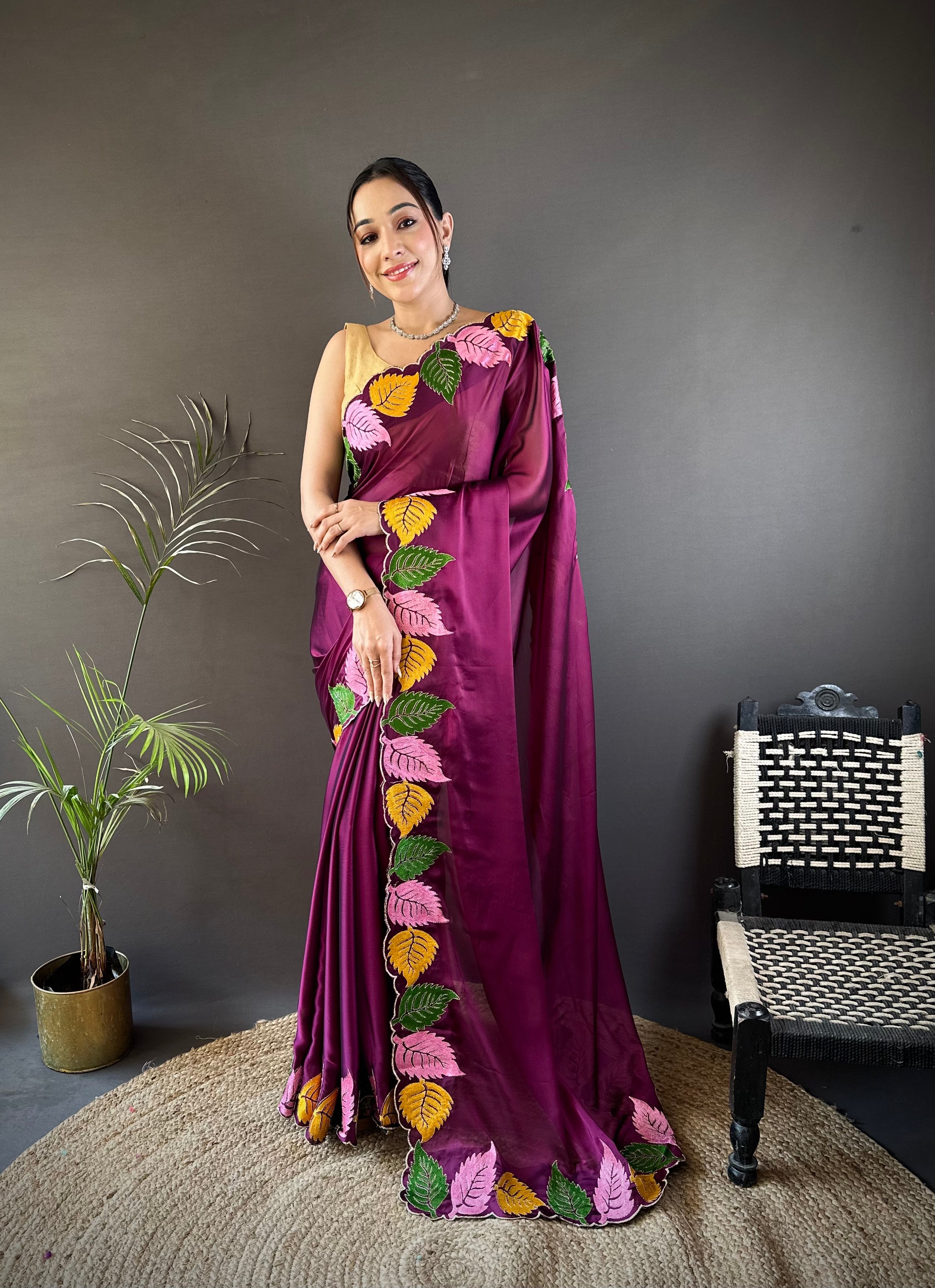 Wine Purple Georgette Saree with Multicolor Leaf Embroidery Border & Designer Pallu