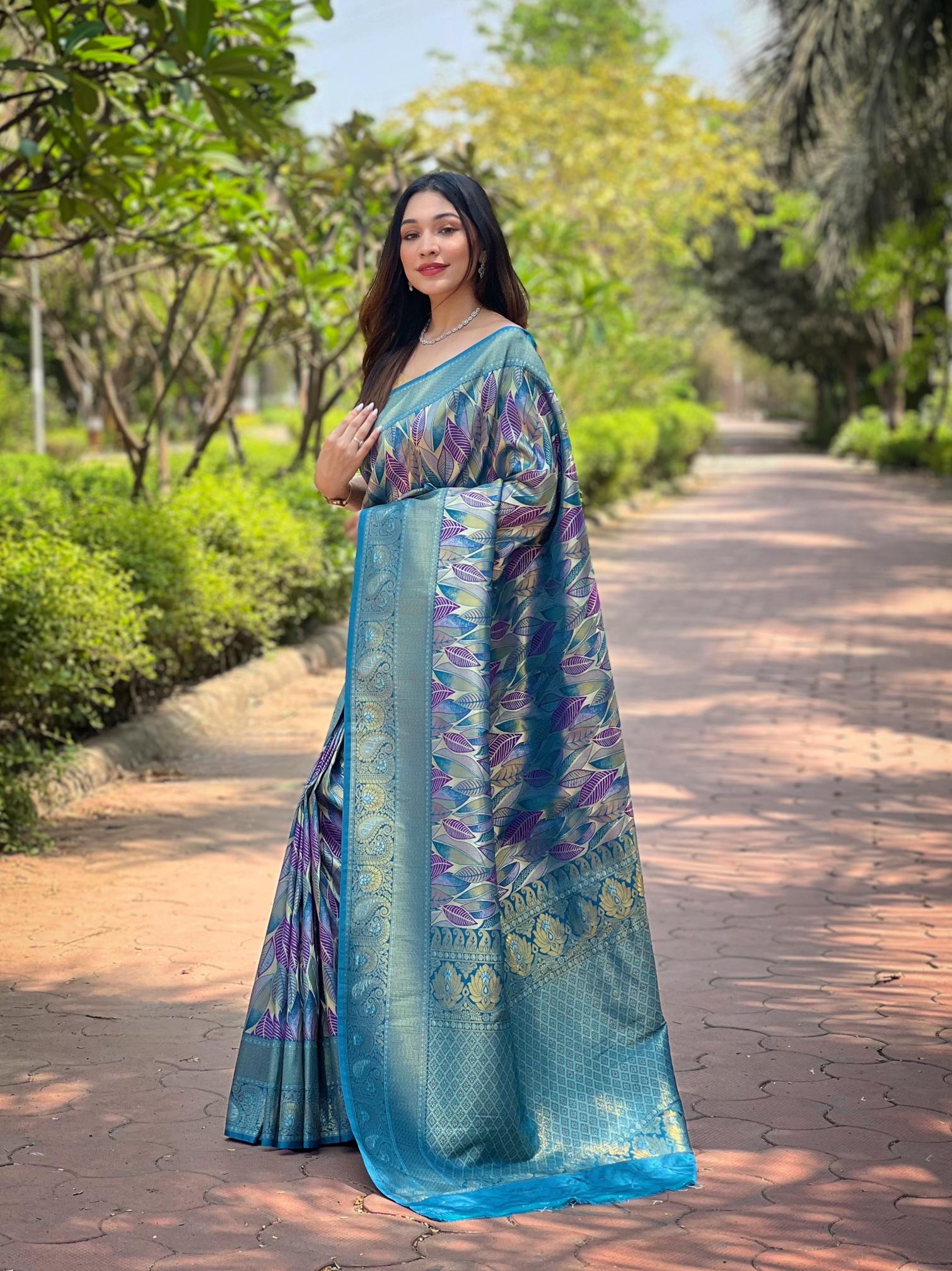Women's Sky Blue Banarasi Silk Saree with Purple Leaf Design & Rich Woven Zari Border