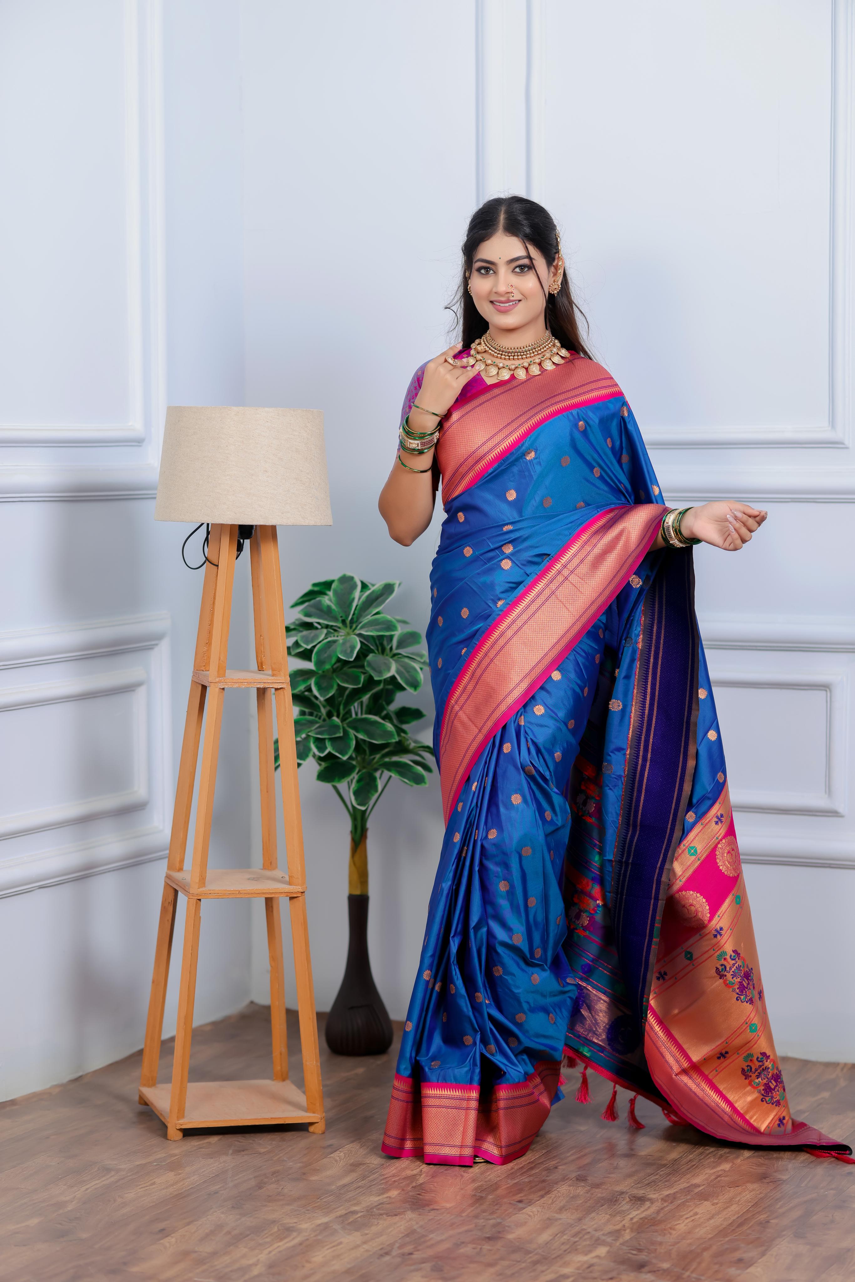 Royal Blue Paithani Silk Saree with Golden Zari Butti, Contrast Pink Border & Designer Pallu