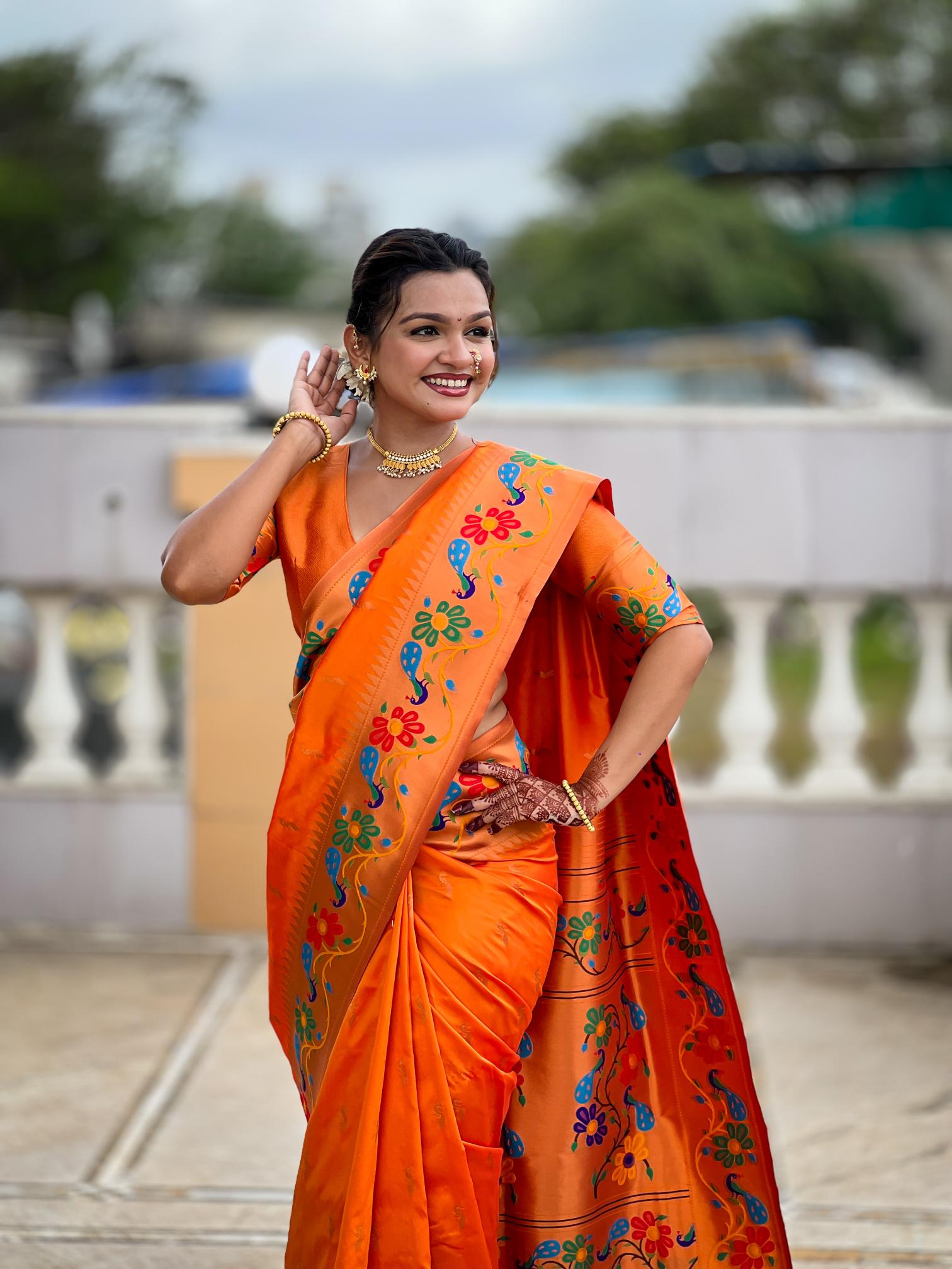 Premium Orange Paithani Silk Saree for Women