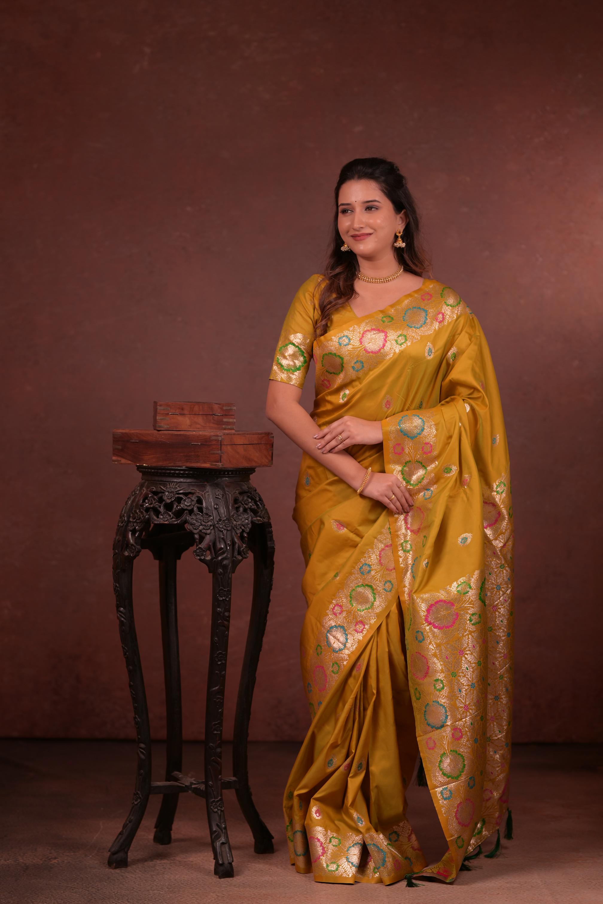 Mustard Yellow Banarasi Silk Saree with Multicolor Floral Zari Woven Border & Rich Designer Pallu
