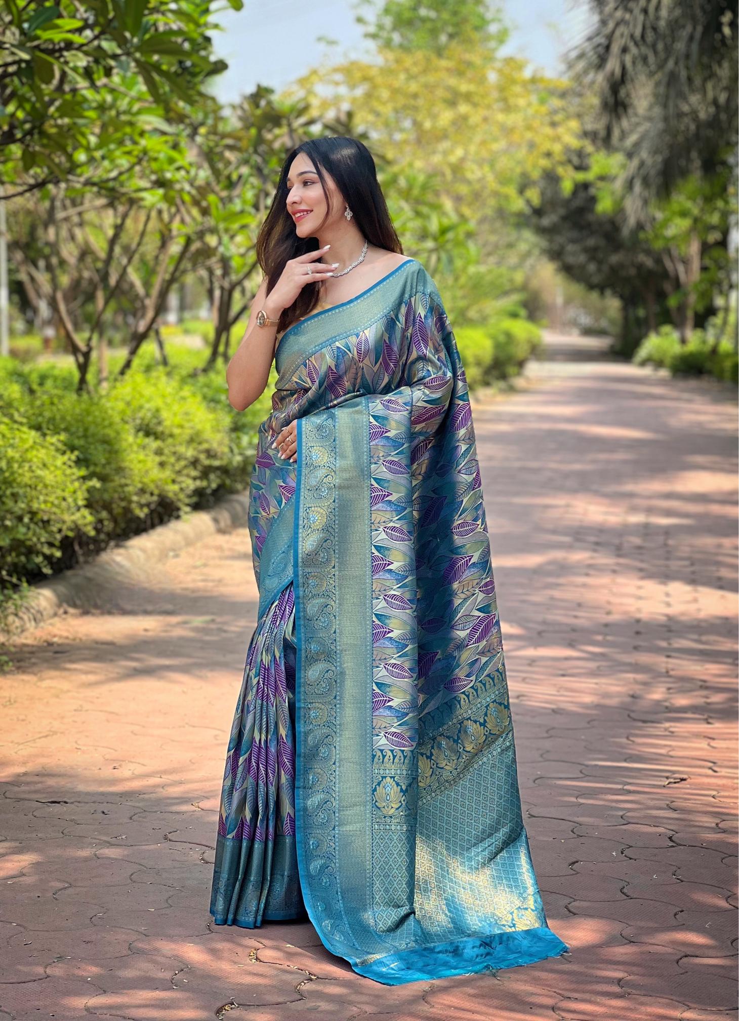 Women's Sky Blue Banarasi Silk Saree with Purple Leaf Design & Rich Woven Zari Border