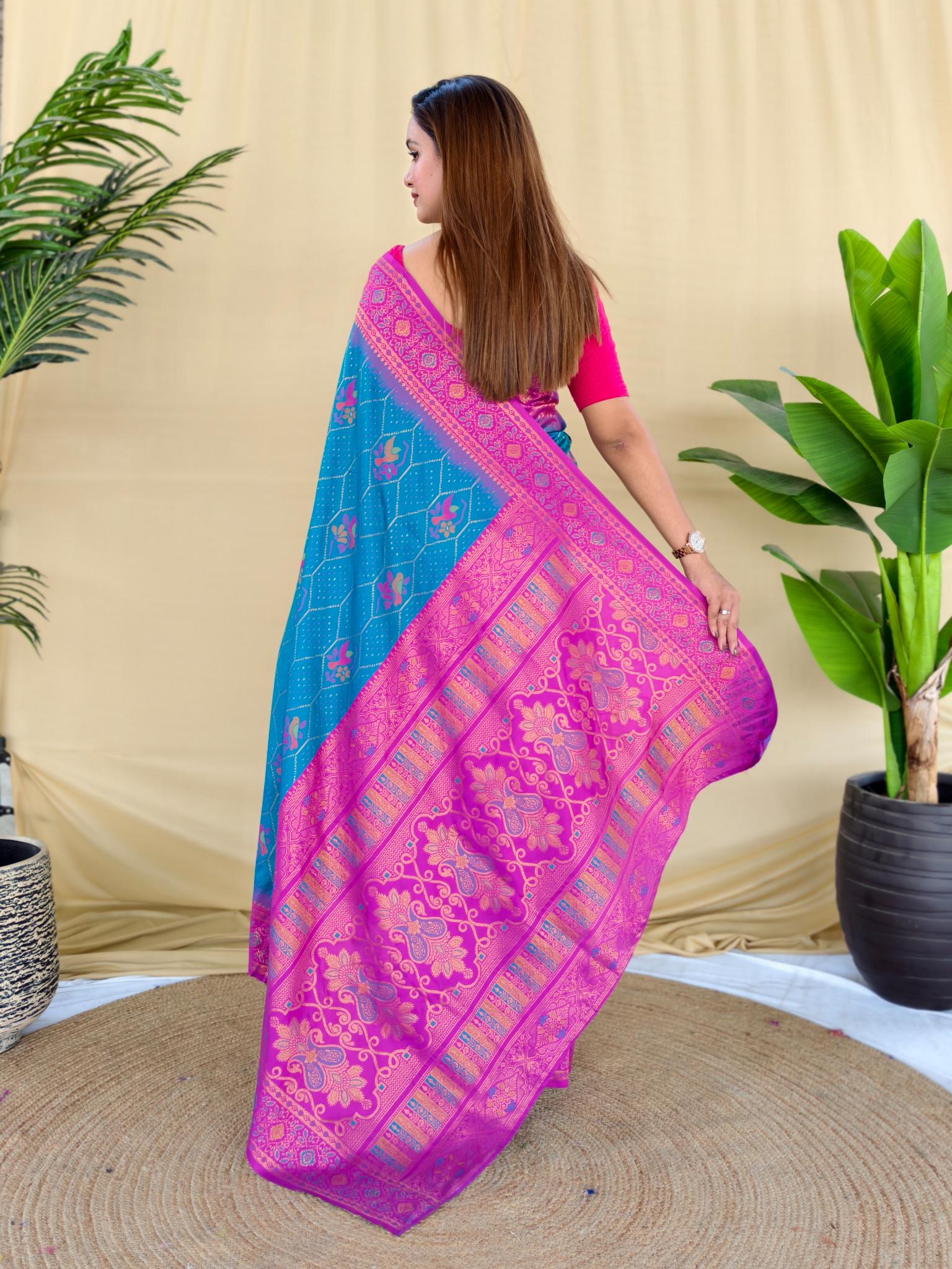 Women's Sky Blue & Pink Banarasi Silk Saree with Rich Woven Zari Border