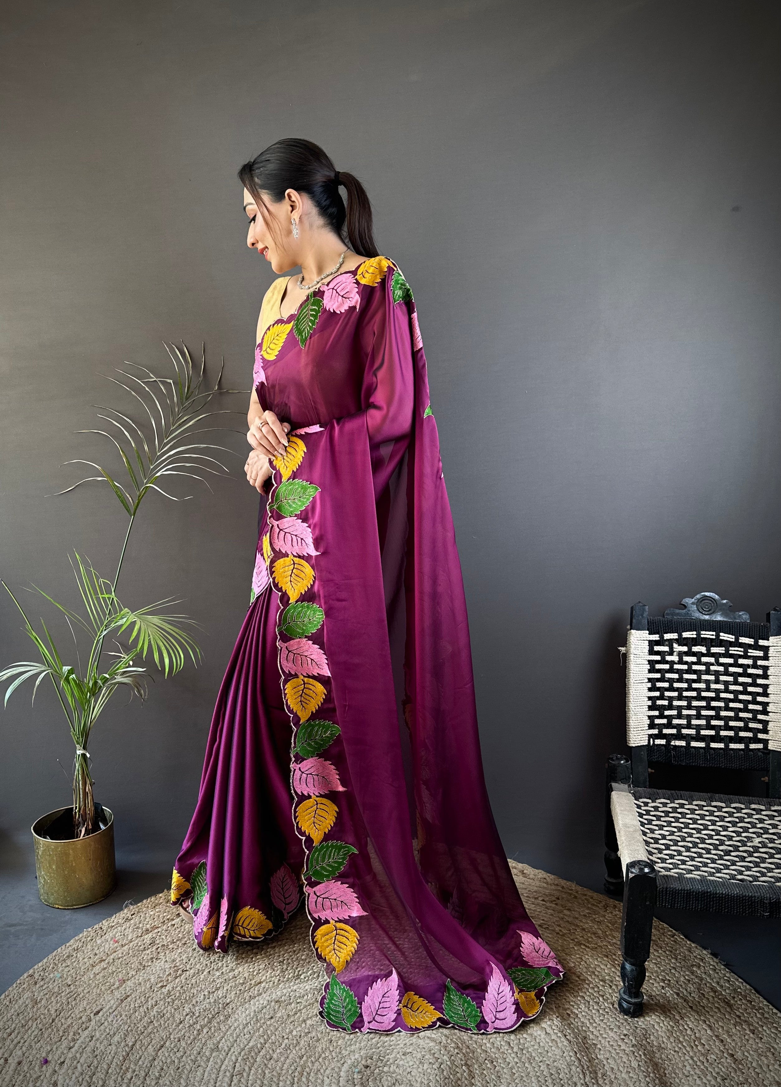 Wine Purple Georgette Saree with Multicolor Leaf Embroidery Border & Designer Pallu
