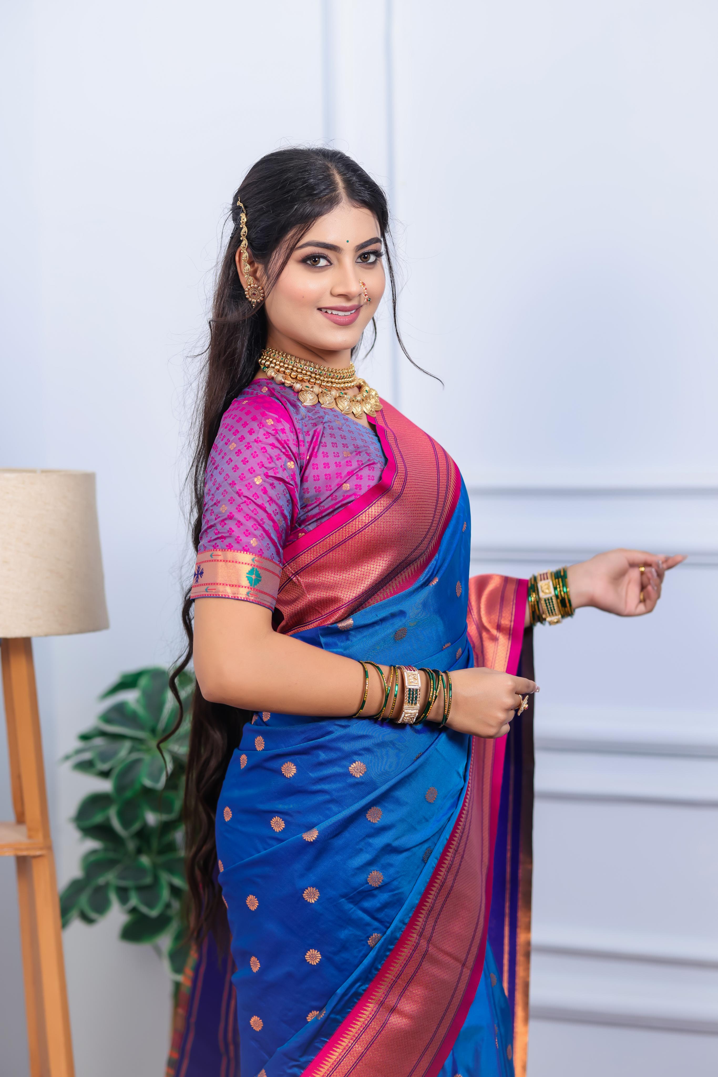 Royal Blue Paithani Silk Saree with Golden Zari Butti, Contrast Pink Border & Designer Pallu