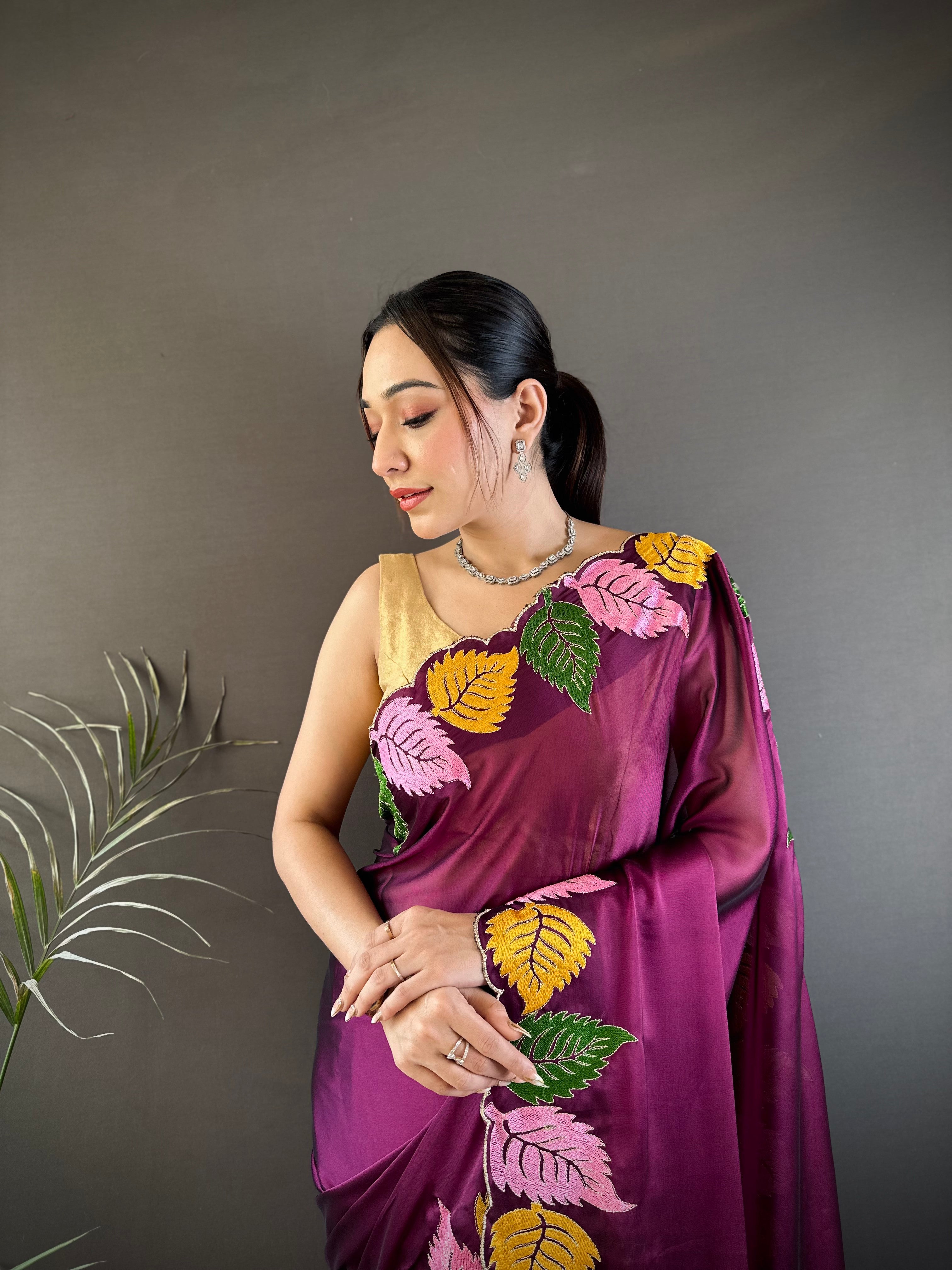 Wine Purple Georgette Saree with Multicolor Leaf Embroidery Border & Designer Pallu