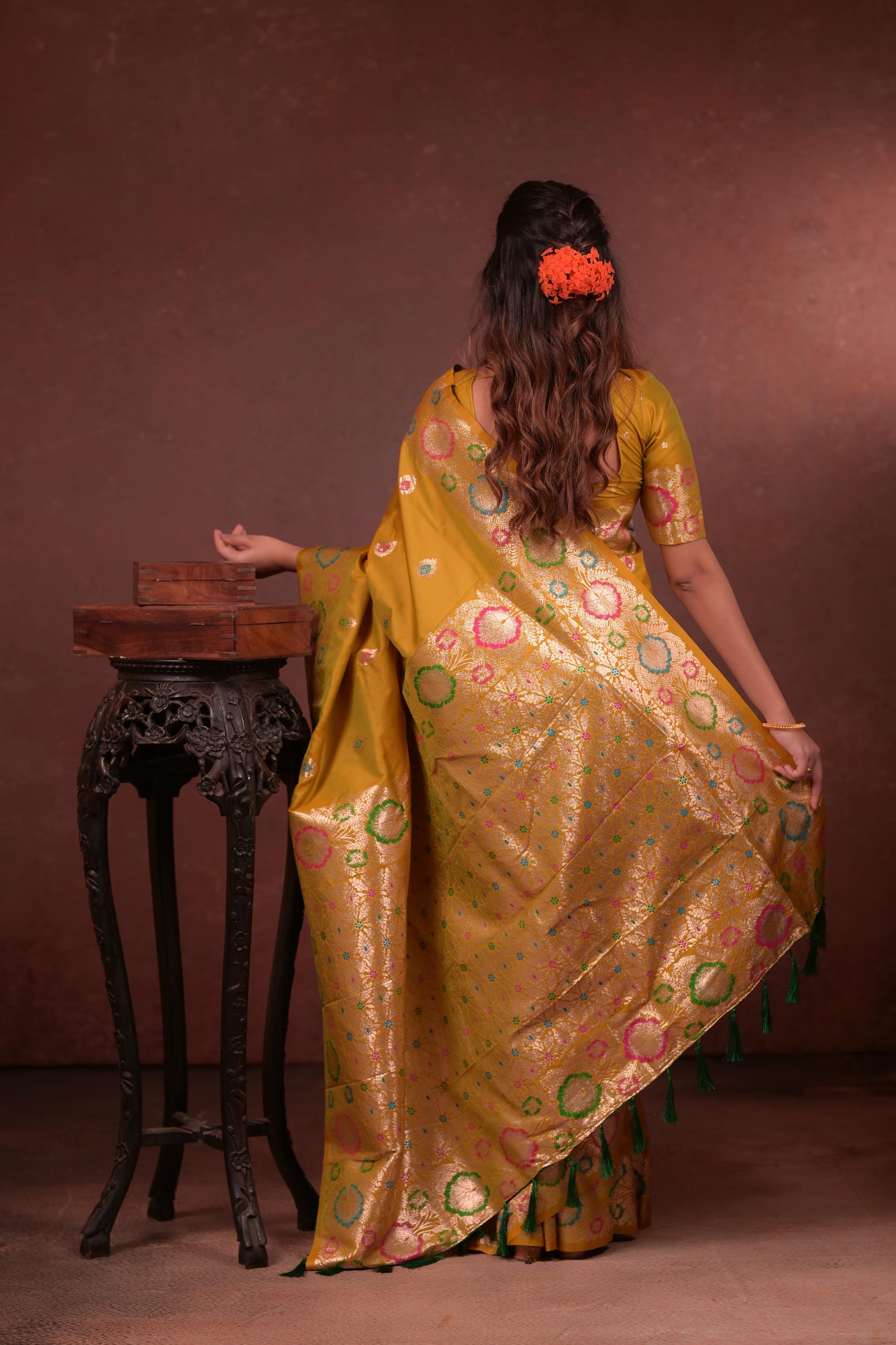 Mustard Yellow Banarasi Silk Saree with Multicolor Floral Zari Woven Border & Rich Designer Pallu