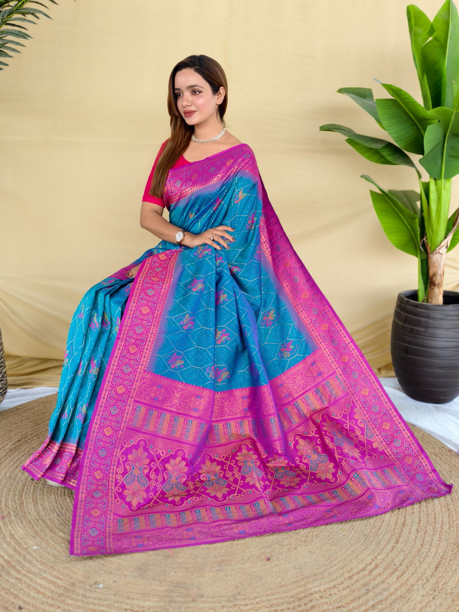 Women's Sky Blue & Pink Banarasi Silk Saree with Rich Woven Zari Border