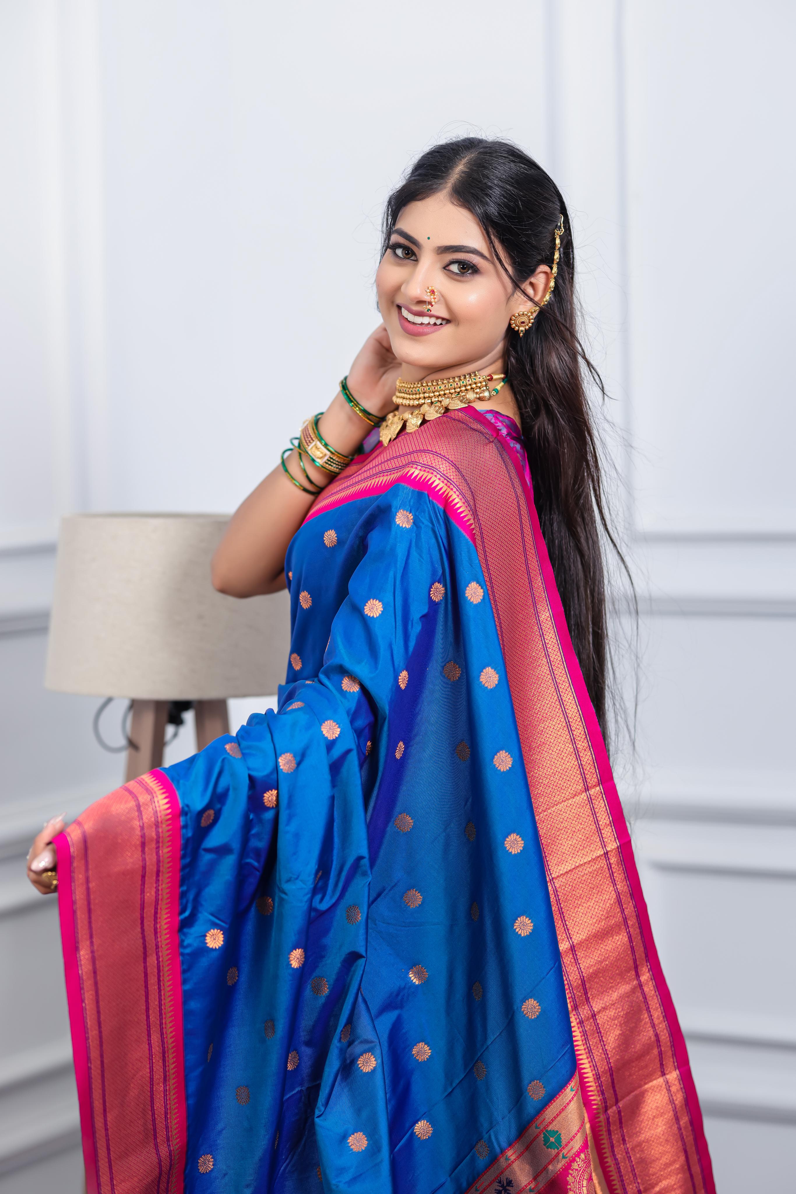 Royal Blue Paithani Silk Saree with Golden Zari Butti, Contrast Pink Border & Designer Pallu