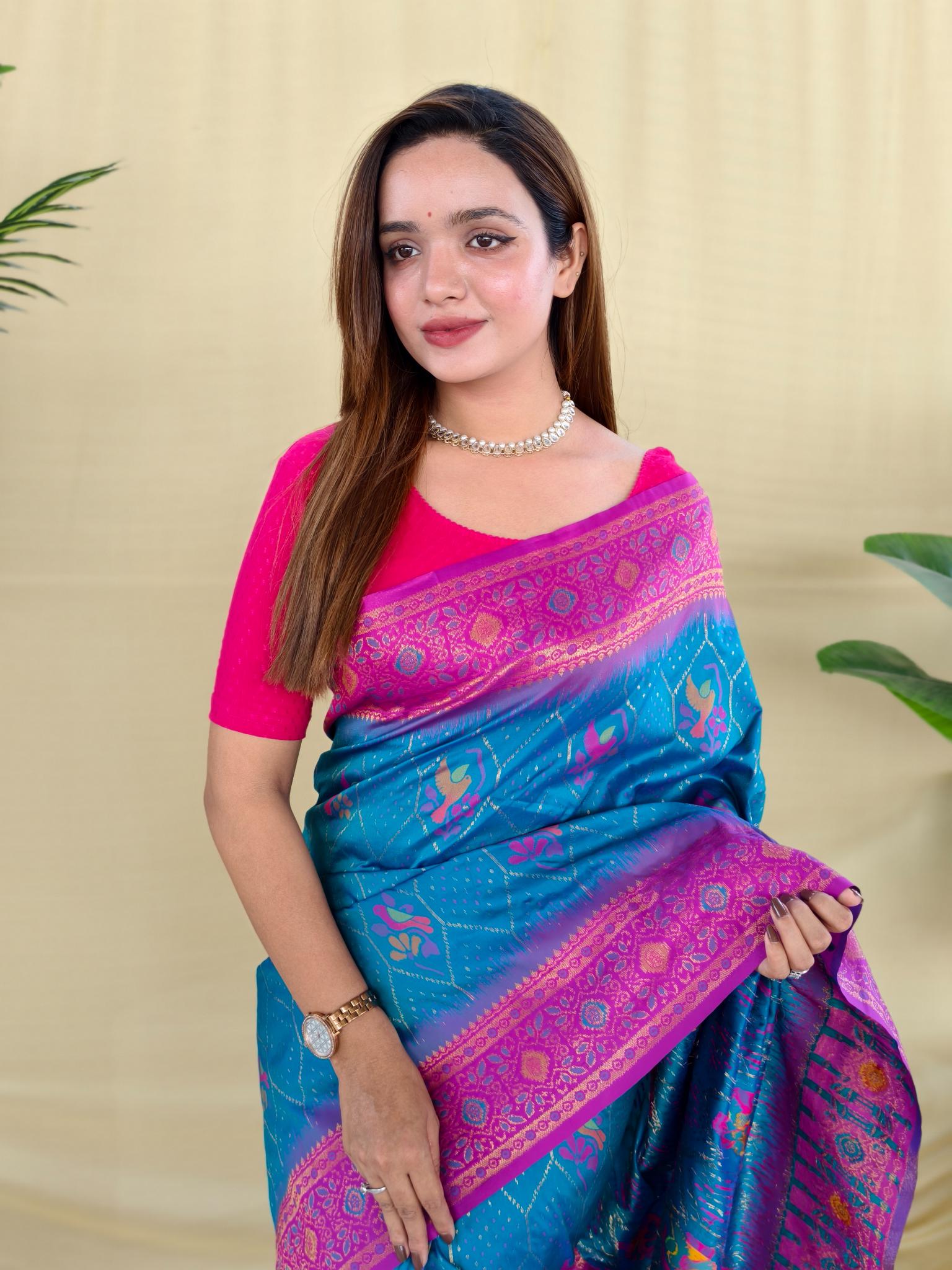 Women's Sky Blue & Pink Banarasi Silk Saree with Rich Woven Zari Border