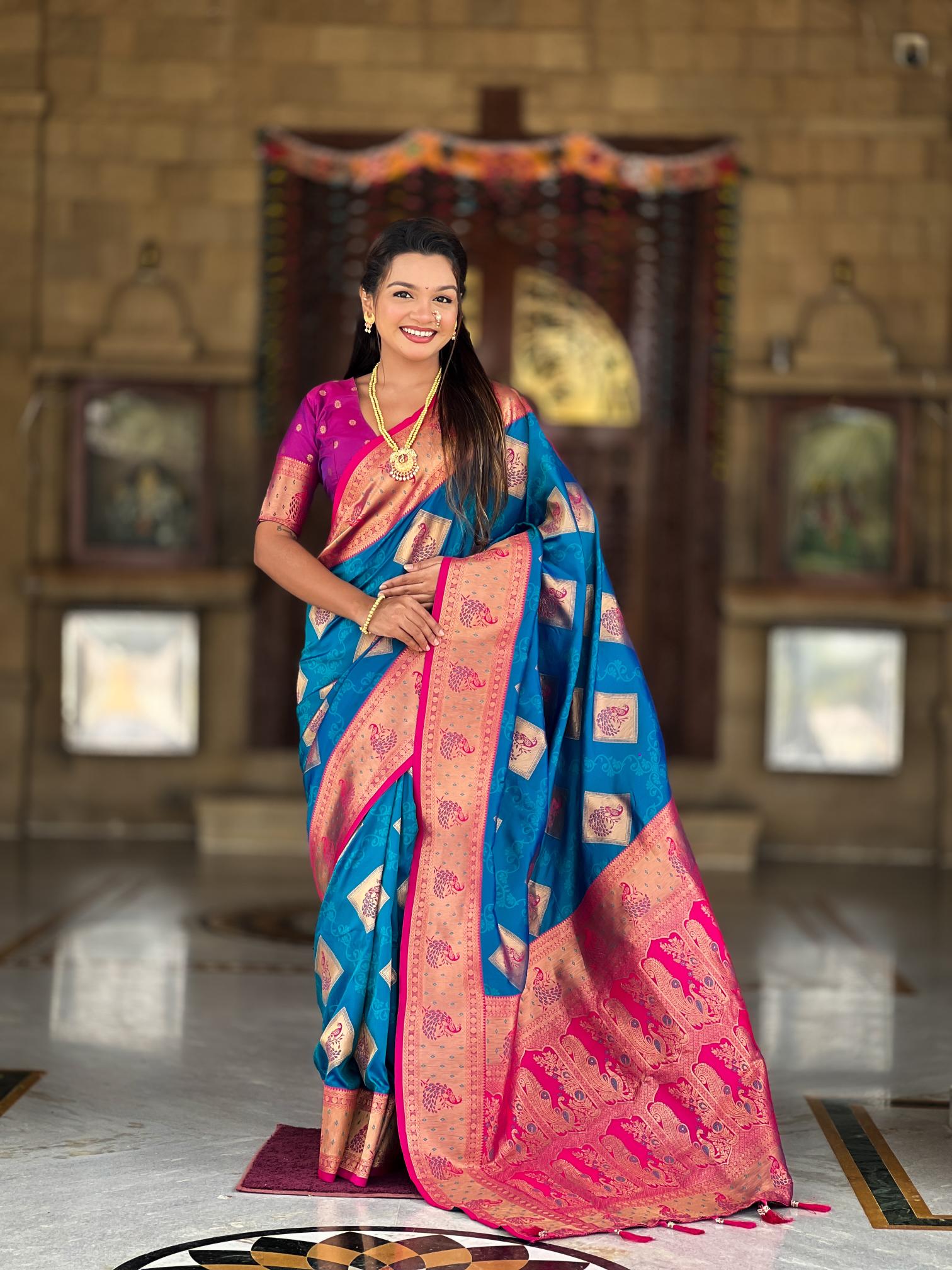Premium Peacock Blue Banarasi Silk Saree for Women