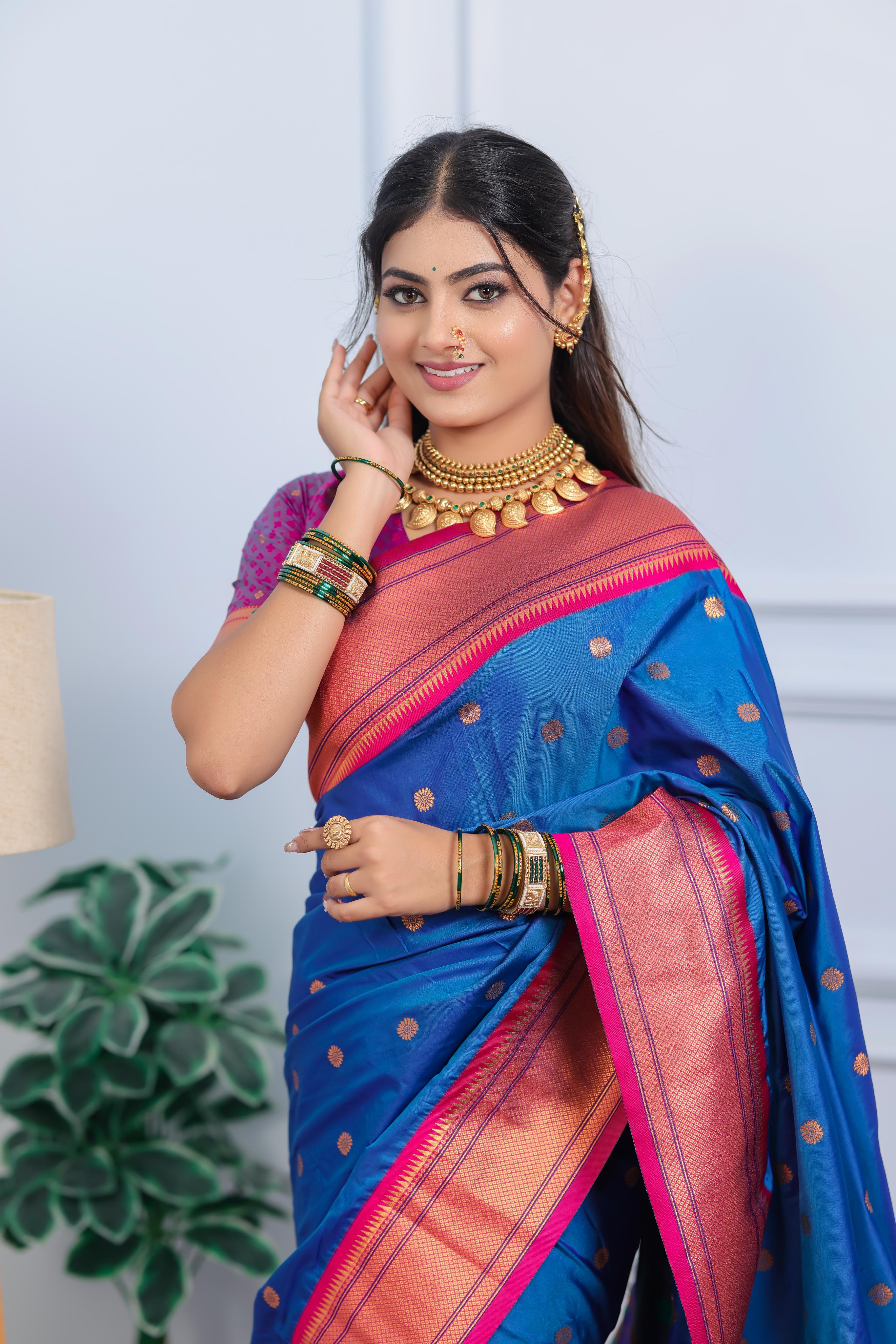 Royal Blue Paithani Silk Saree with Golden Zari Butti, Contrast Pink Border & Designer Pallu