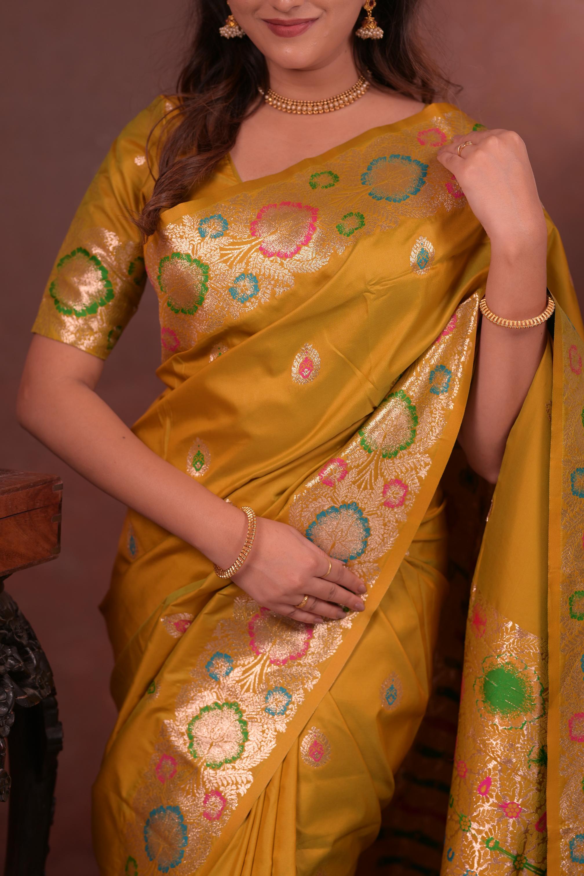 Mustard Yellow Banarasi Silk Saree with Multicolor Floral Zari Woven Border & Rich Designer Pallu