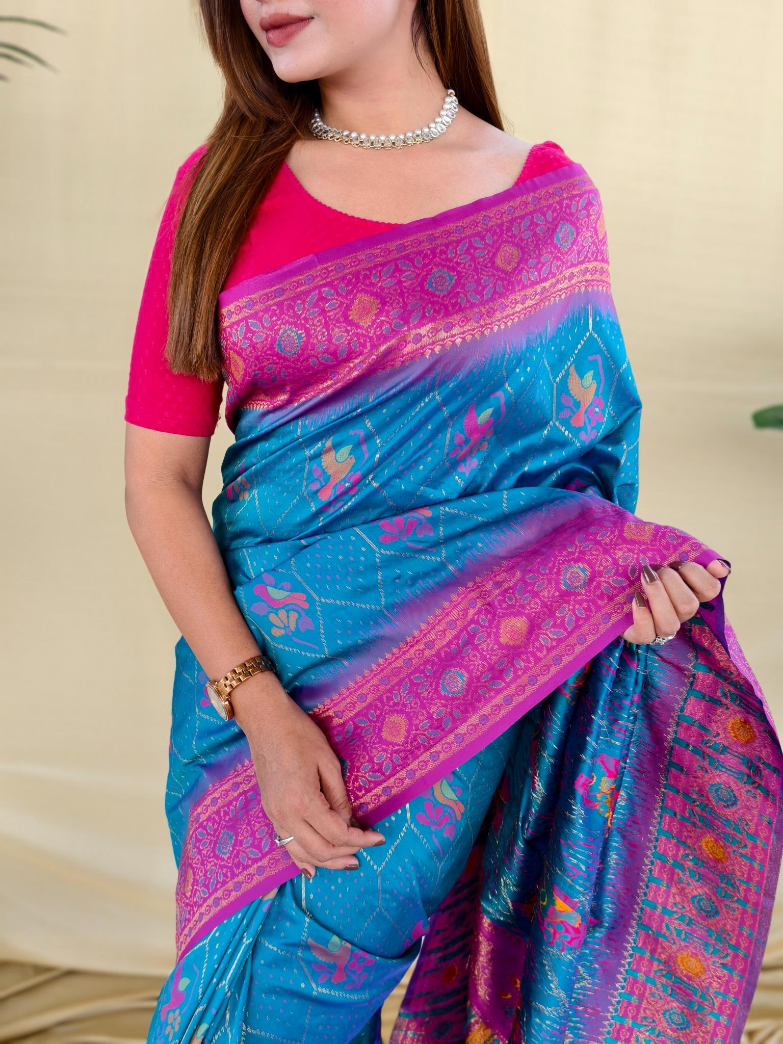 Women's Sky Blue & Pink Banarasi Silk Saree with Rich Woven Zari Border