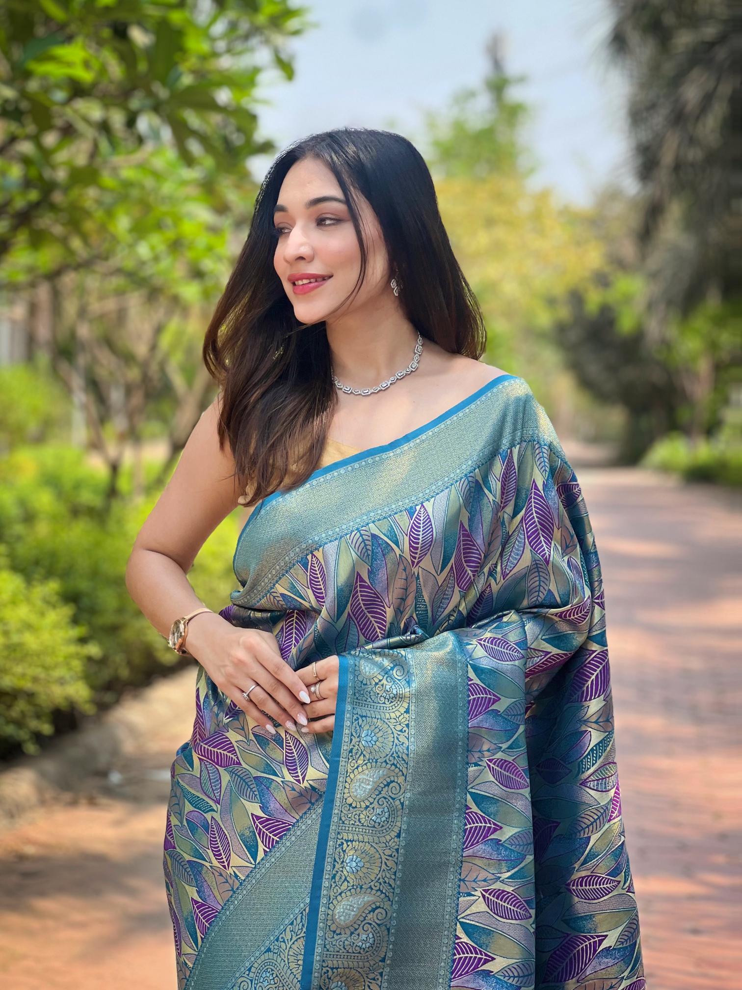 Women's Sky Blue Banarasi Silk Saree with Purple Leaf Design & Rich Woven Zari Border