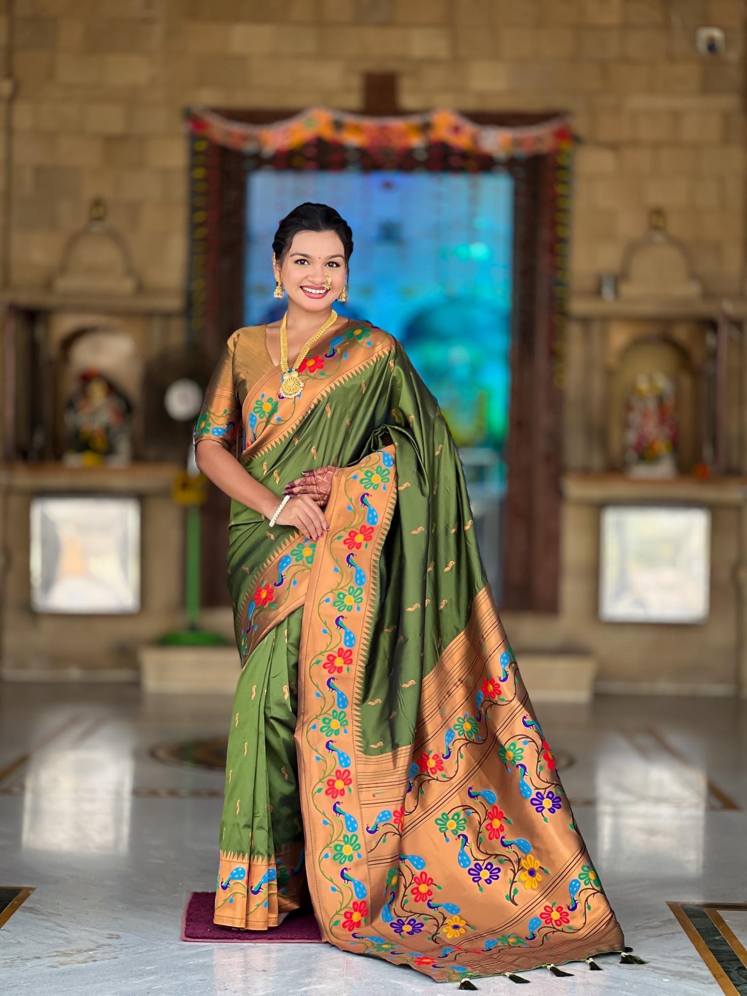 Premium Olive Green Paithani Silk Saree for Women