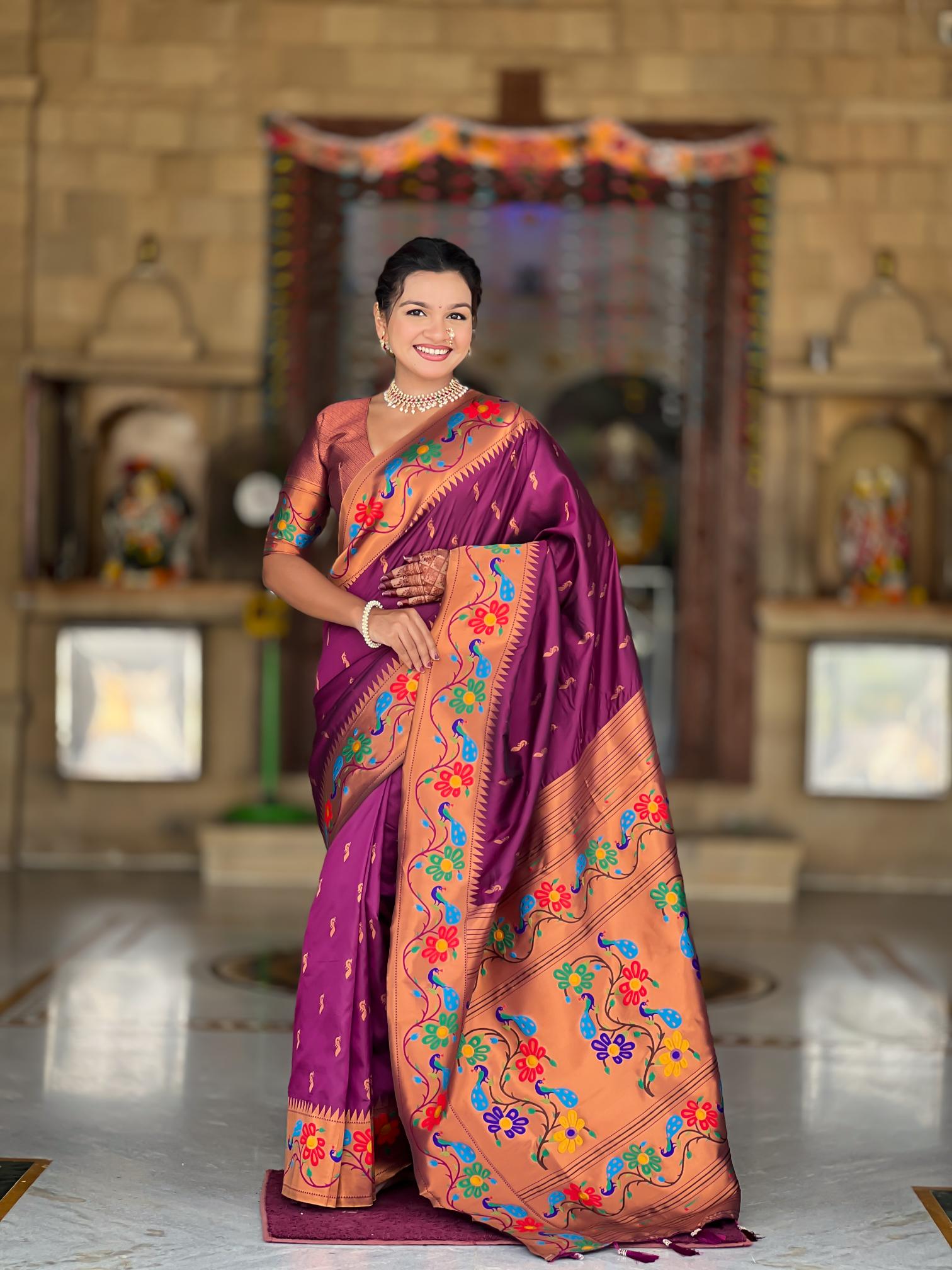 Premium Wine Purple Paithani Silk Saree for Women
