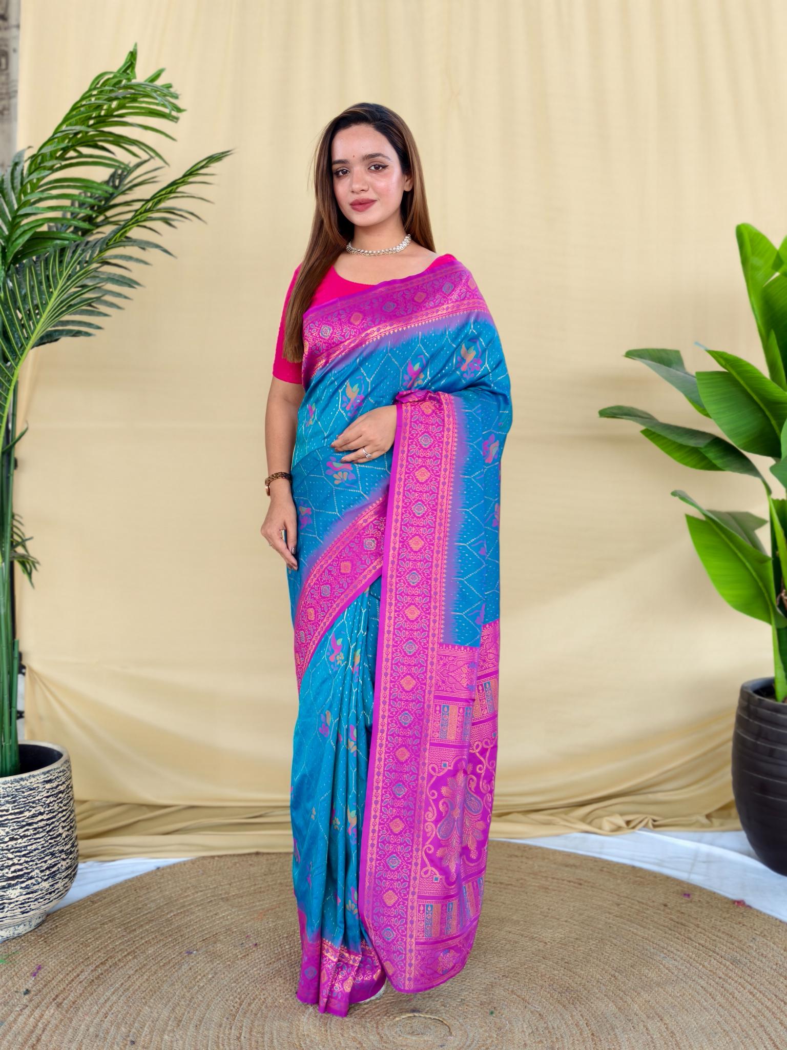 Women's Sky Blue & Pink Banarasi Silk Saree with Rich Woven Zari Border