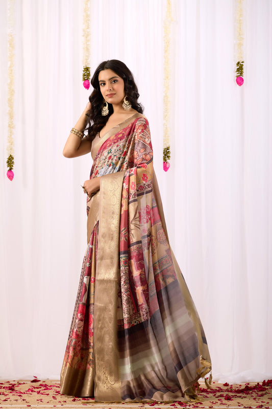 Women's Beige Multicolor Linen Silk Printed Saree with Golden Zari Border & Designer Floral Pallu | Premium Festive Party Wear Saree