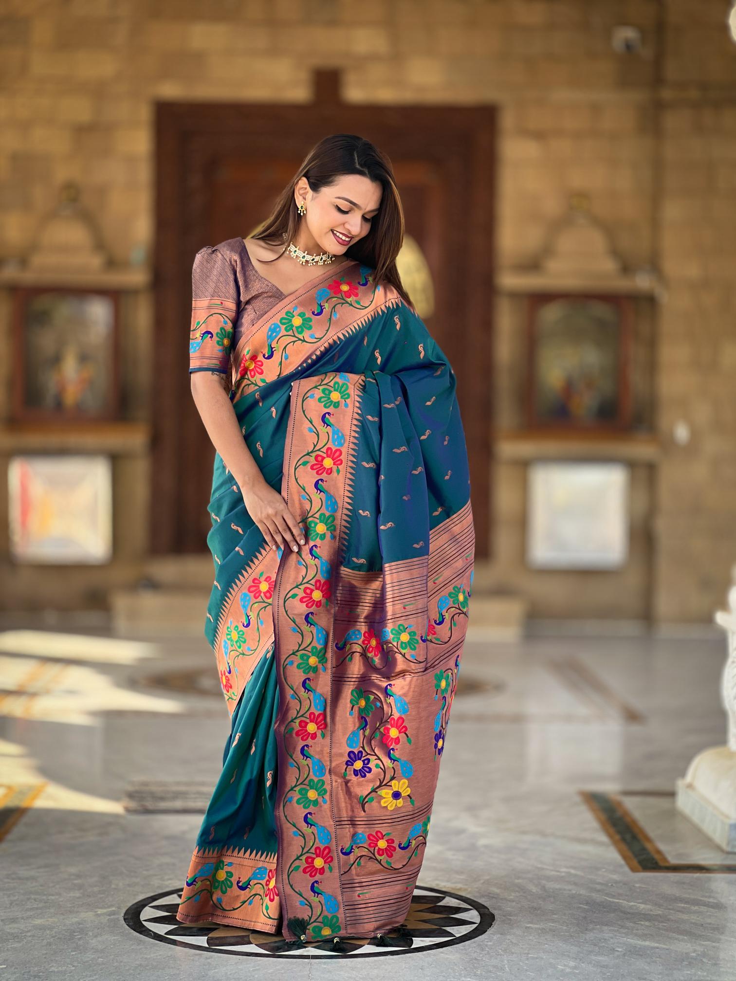 Premium Teal Blue Paithani Silk Saree for Women