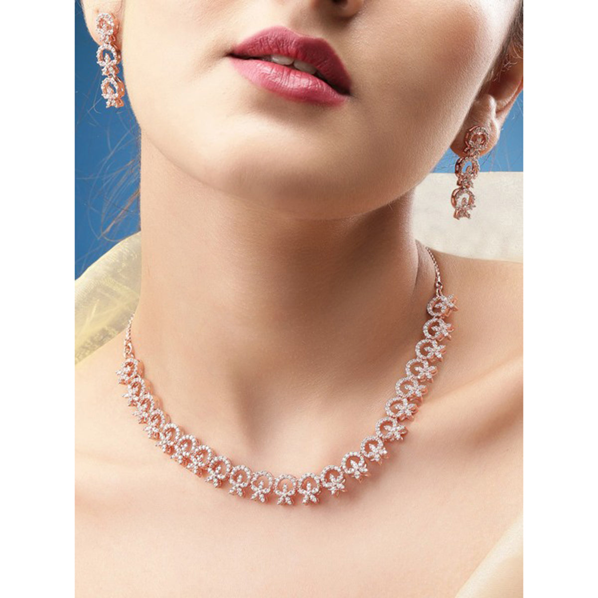 Wentra Contemporary Rose Gold Toned Necklace Set in CZ Stone
