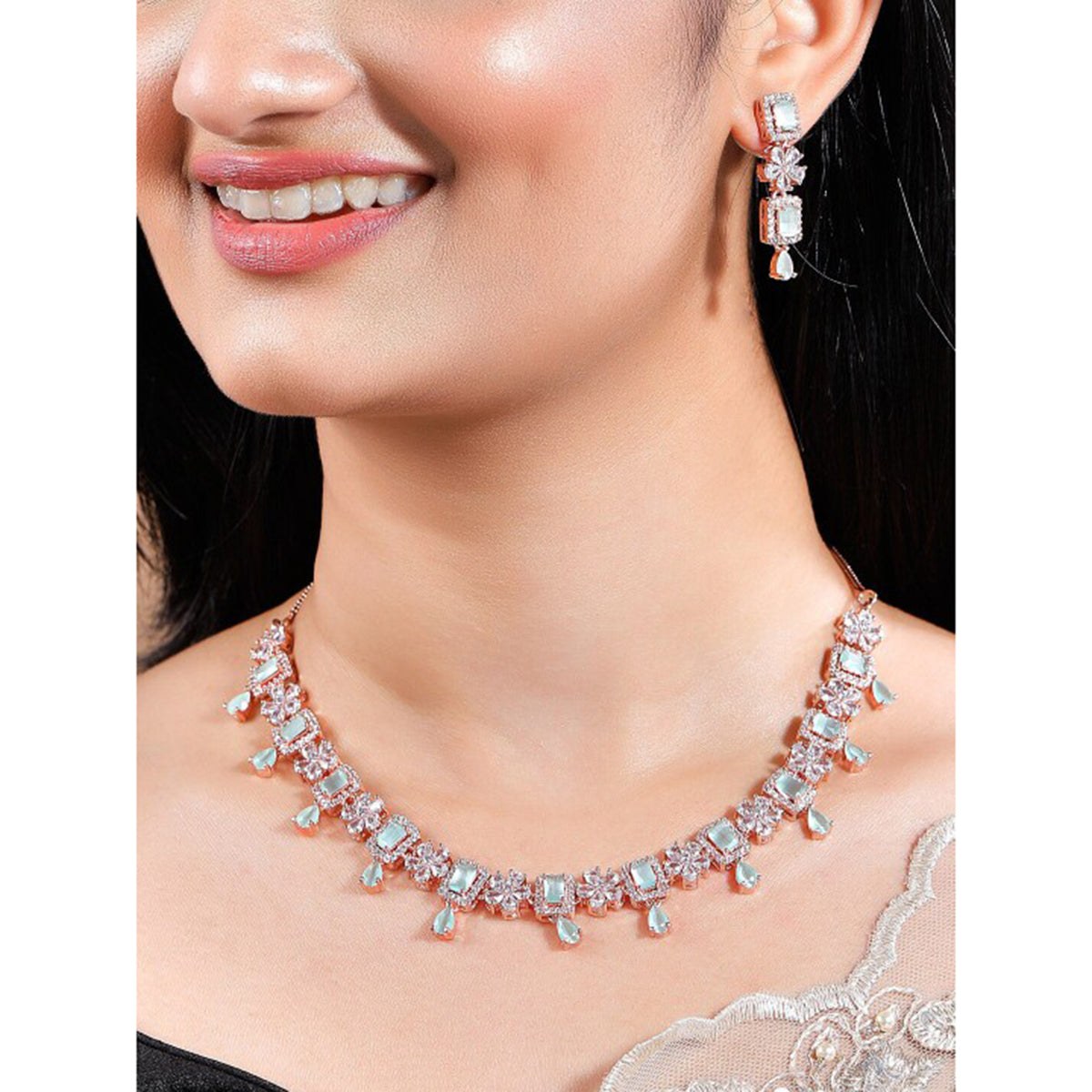 Wentra 22K Rose Gold Plated Mint Green Sapphire & Cubic Zirconia Studded Jewelry Set Design