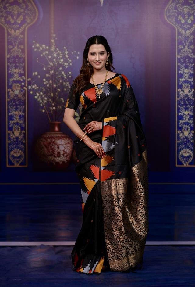 Black Banarasi Silk Saree with Multicolor Ikat Design & Rich Zari Woven Pallu