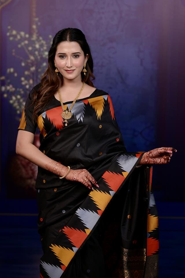 Black Banarasi Silk Saree with Multicolor Ikat Design & Rich Zari Woven Pallu