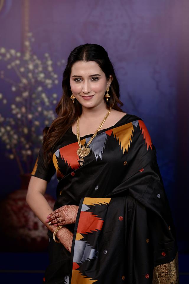 Black Banarasi Silk Saree with Multicolor Ikat Design & Rich Zari Woven Pallu