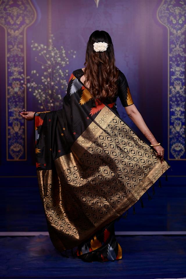 Black Banarasi Silk Saree with Multicolor Ikat Design & Rich Zari Woven Pallu